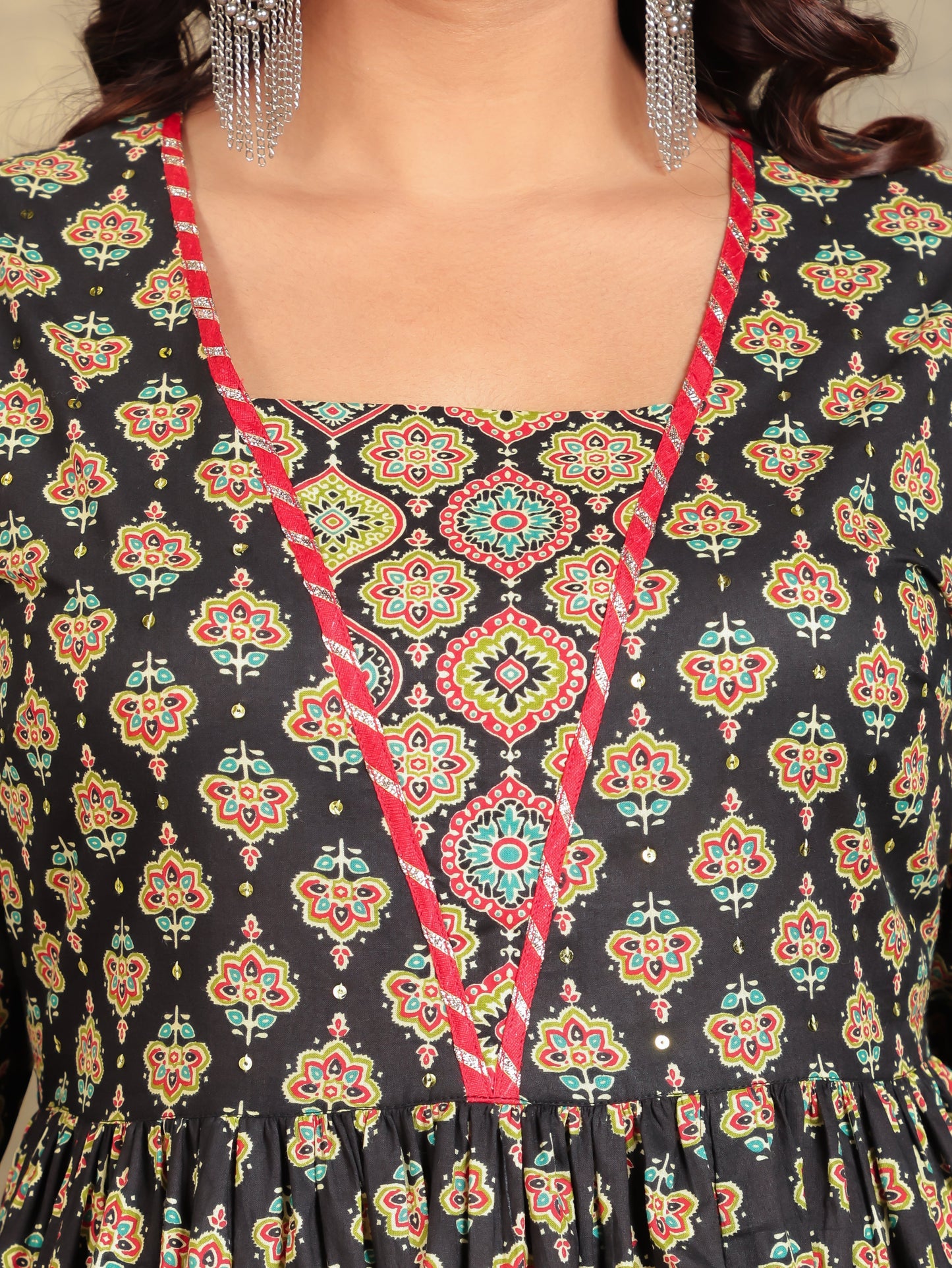 Embroidered Soft Cotton Floral Anarkali Black Kurta