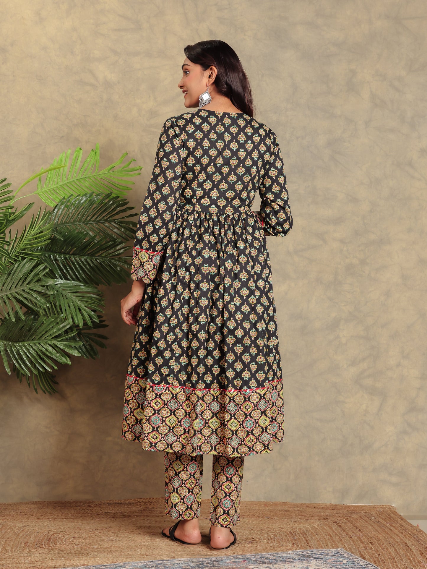 Embroidered Soft Cotton Floral Anarkali Black Kurta