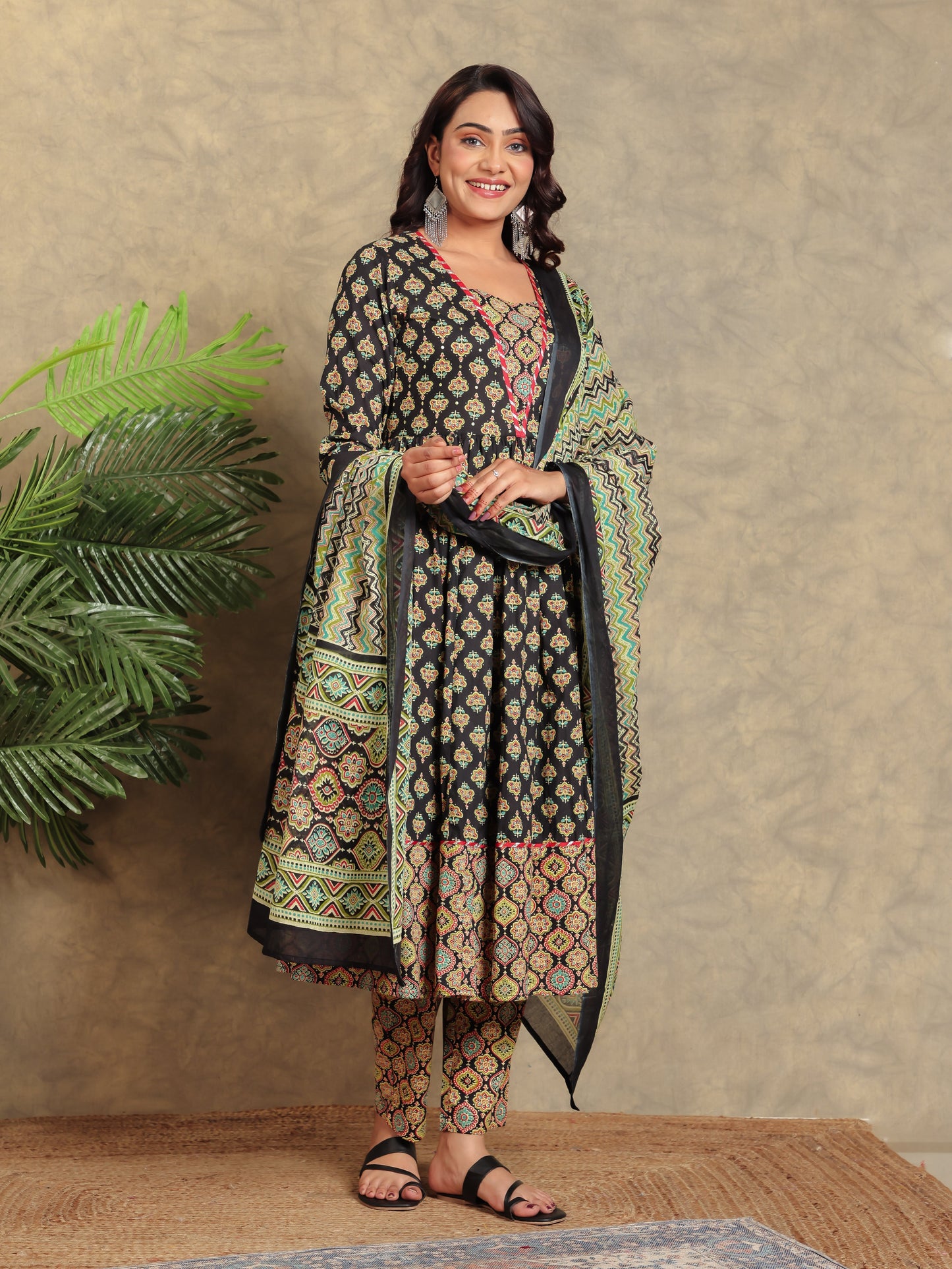 Embroidered Soft Cotton Floral Anarkali Black Kurta