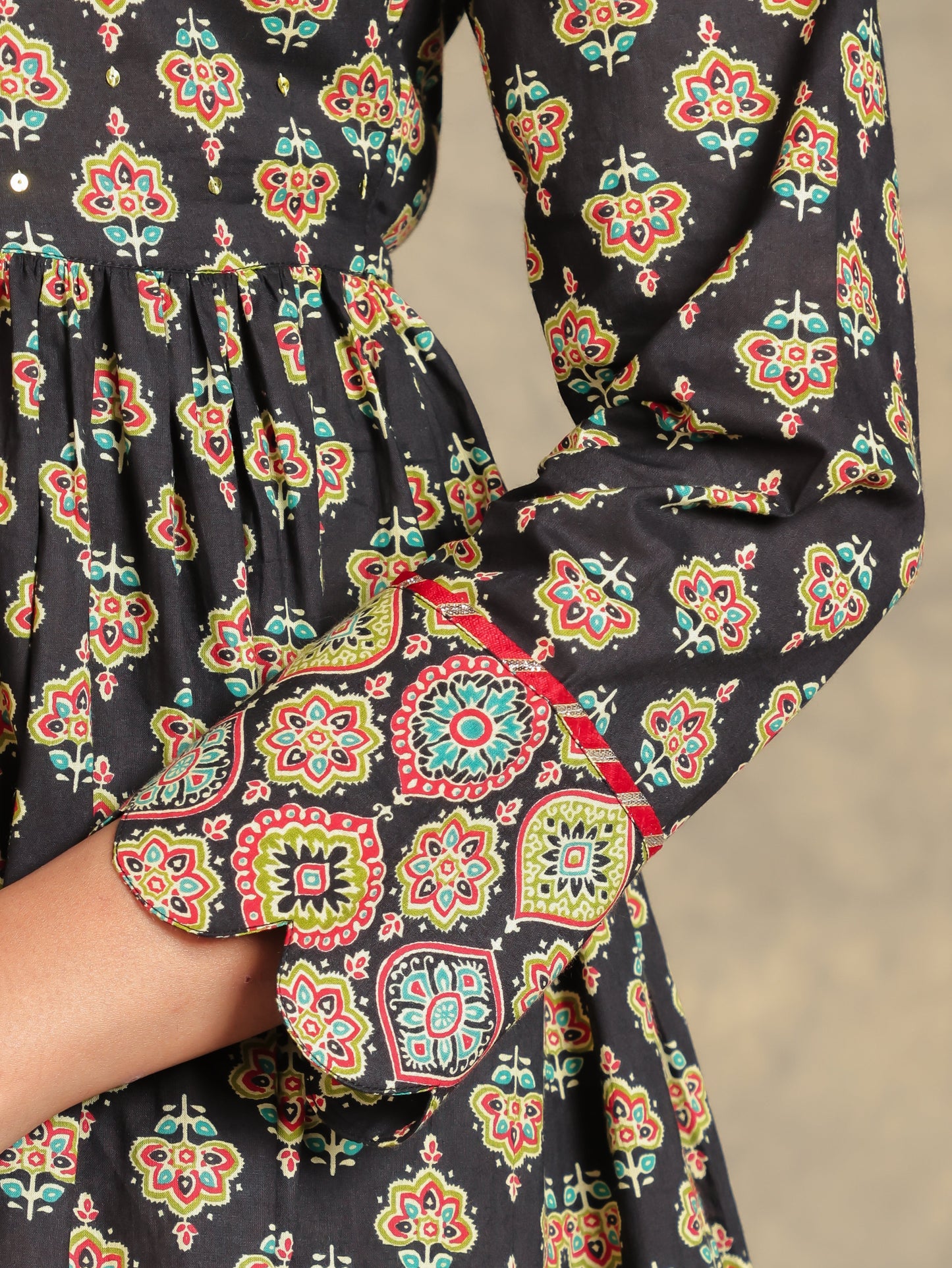 Embroidered Soft Cotton Floral Anarkali Black Kurta