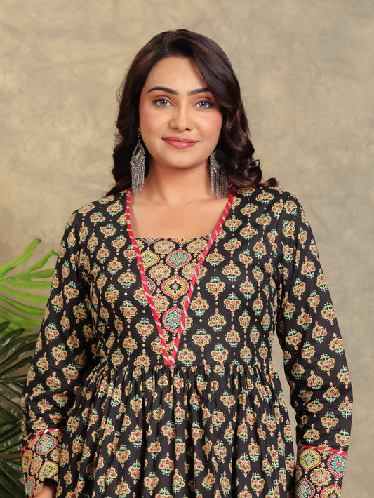 Soft Cotton Floral Gathered Kurta Black Kurta