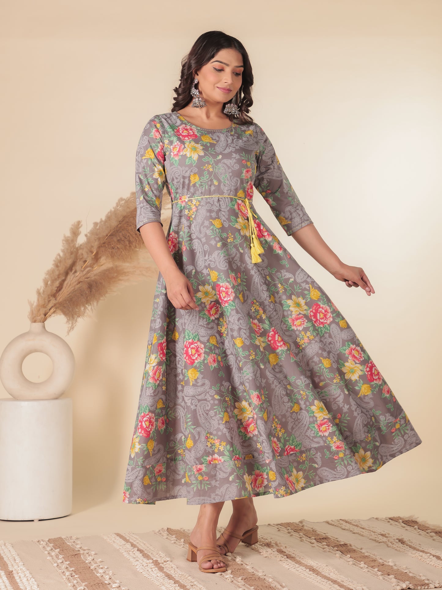 Soft Cotton Floral Anarkali Grey Dress