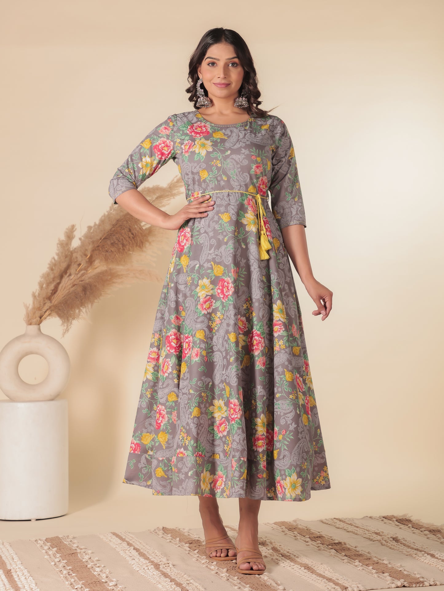 Soft Cotton Floral Anarkali Grey Dress