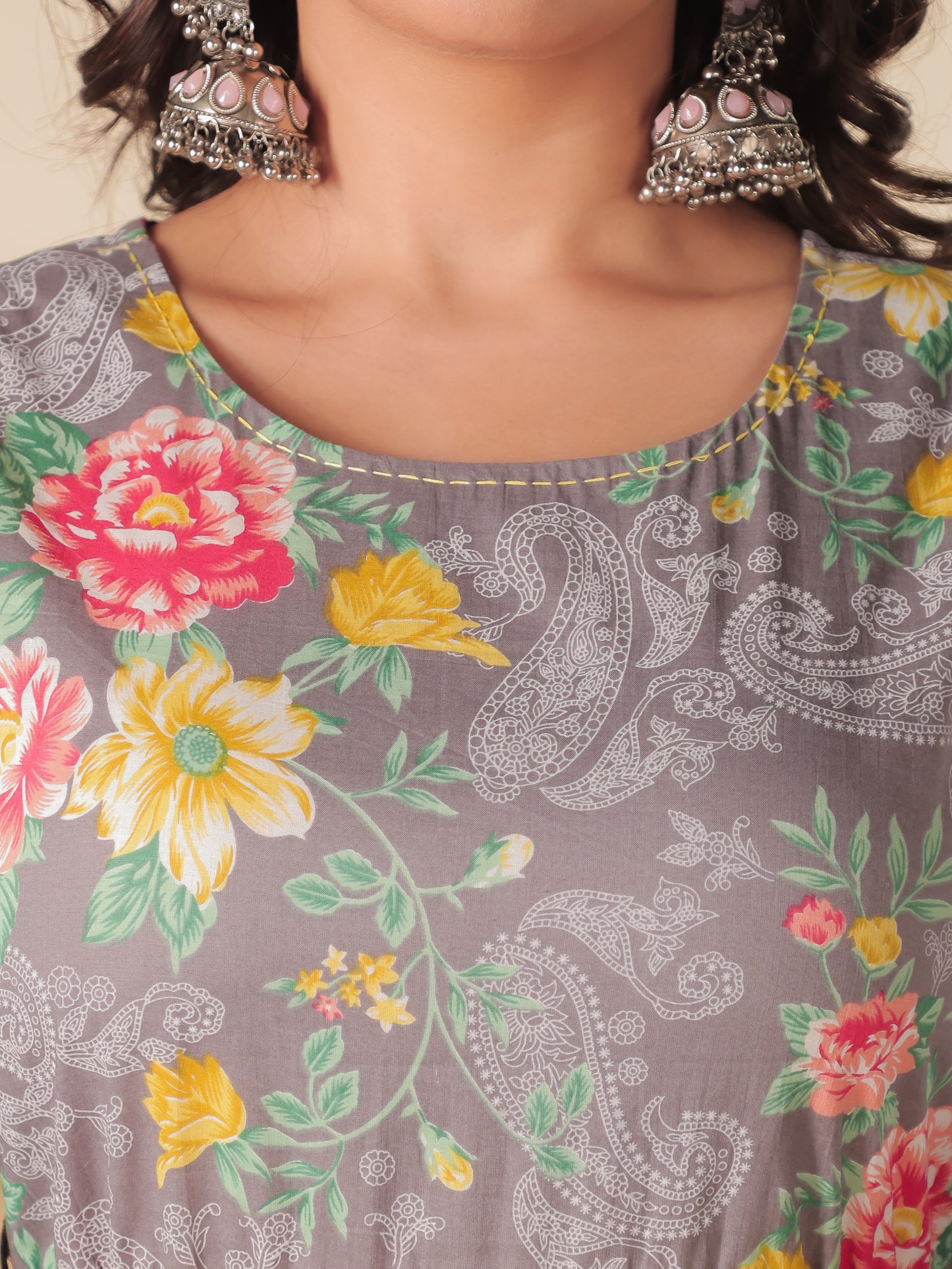 Soft Cotton Floral Anarkali Grey Dress