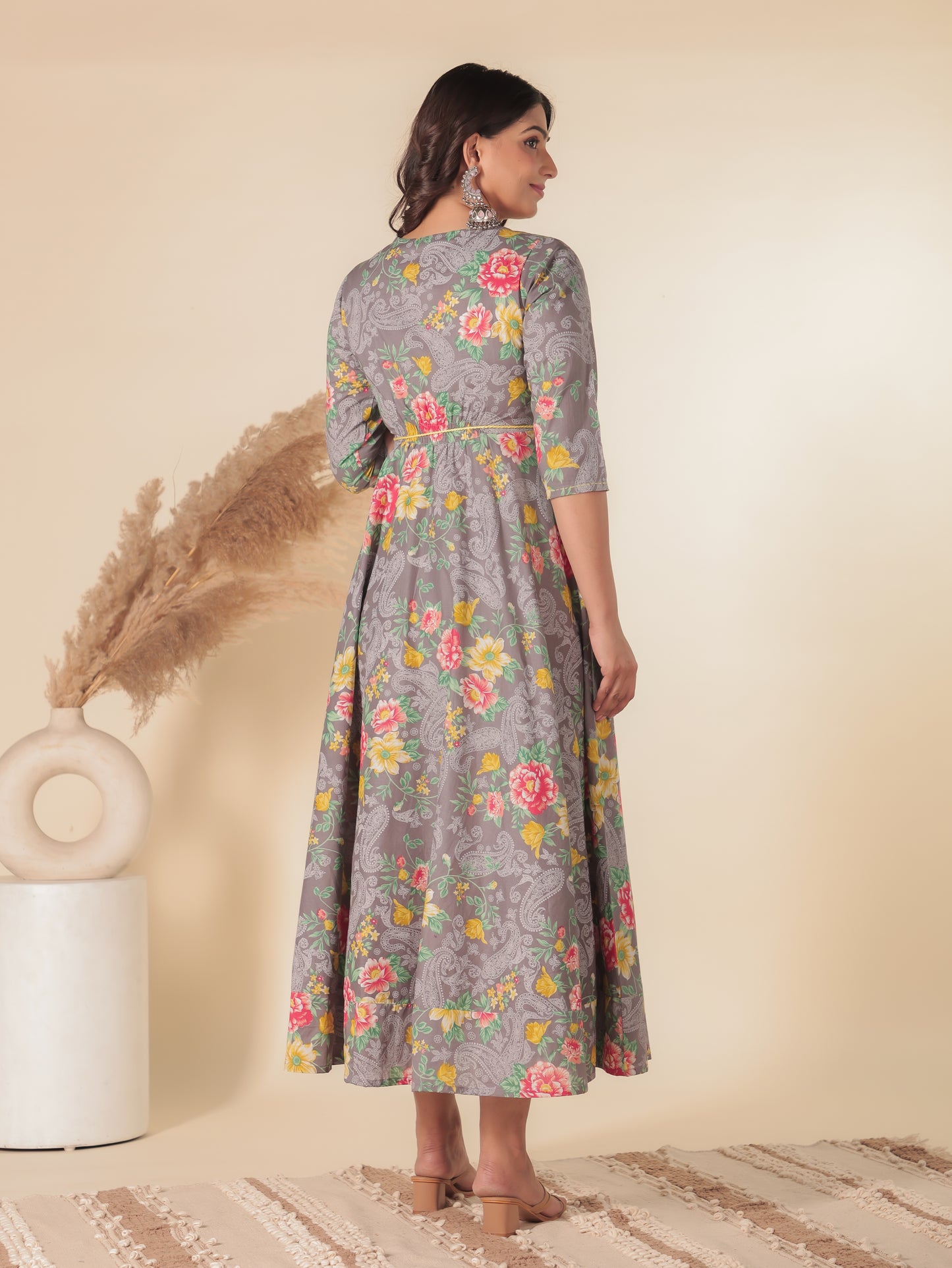 Soft Cotton Floral Anarkali Grey Dress