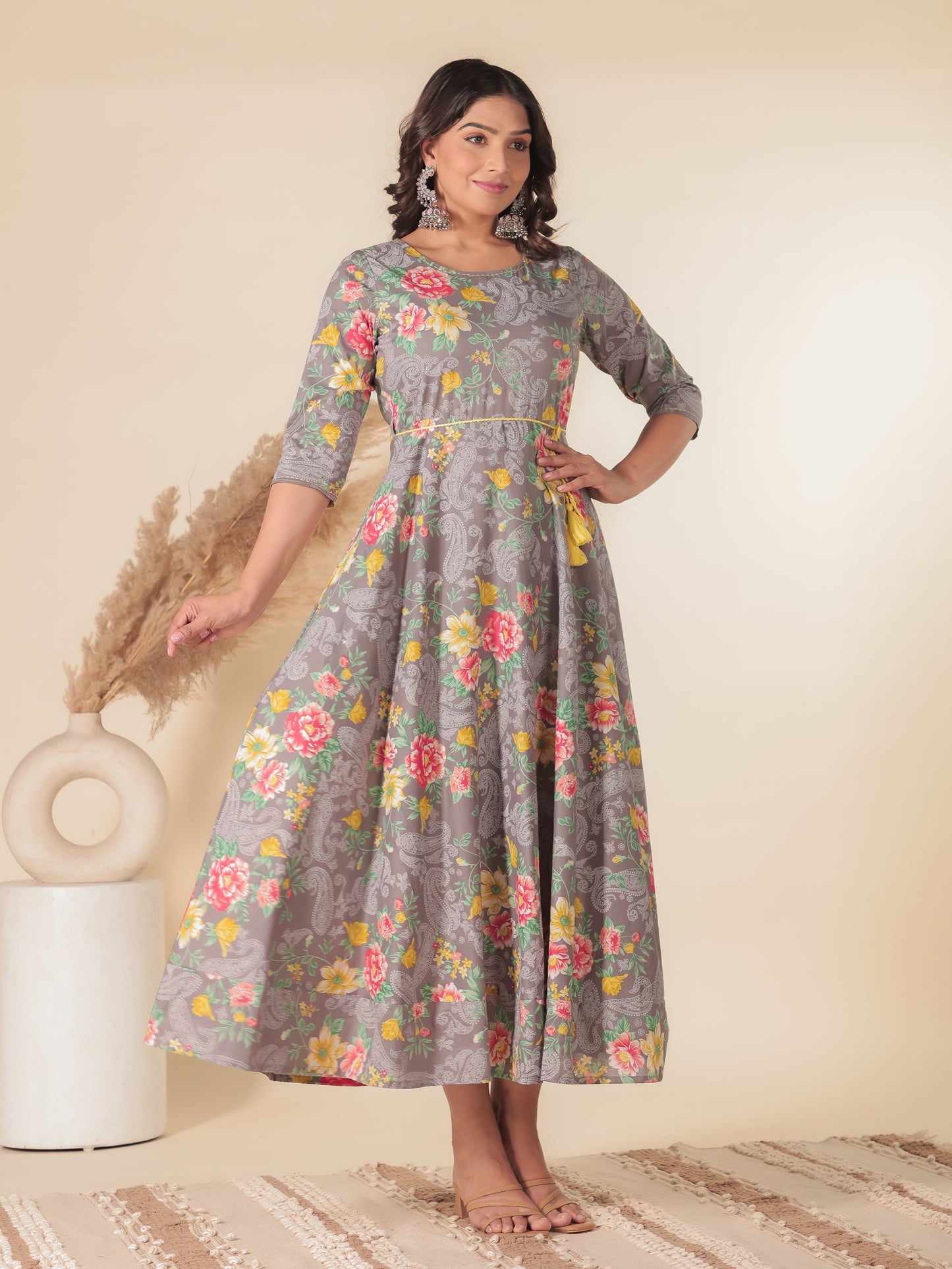 Soft Cotton Floral Anarkali Grey Dress