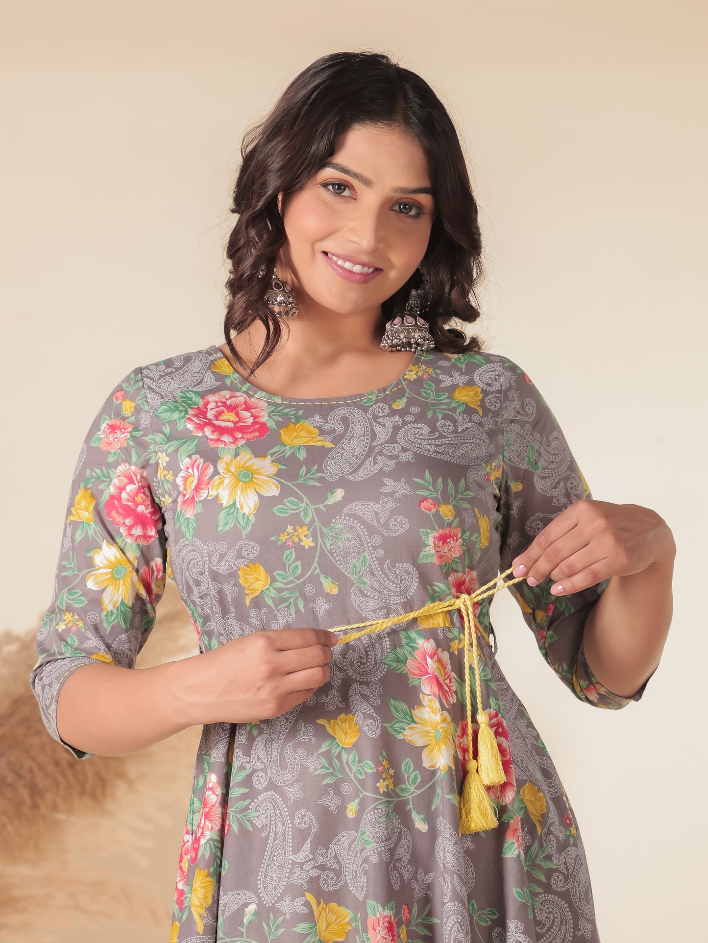 Soft Cotton Floral Anarkali Grey Dress