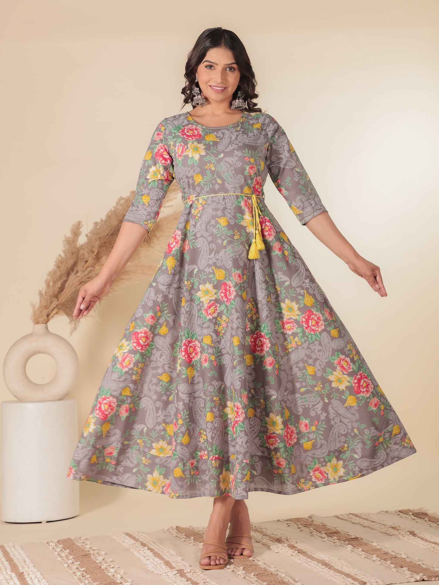 Soft Cotton Floral Anarkali Grey Dress