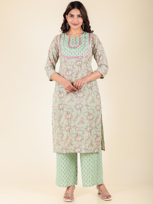 Soft Cotton Floral Straight Green Kurta