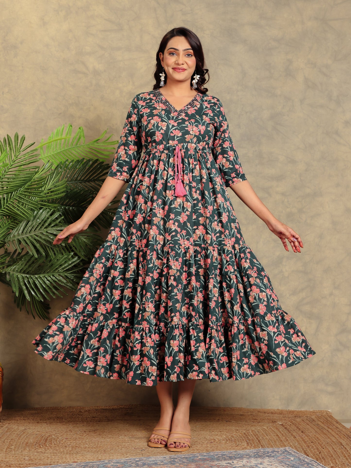 Soft Cotton Floral A-line Green Dress
