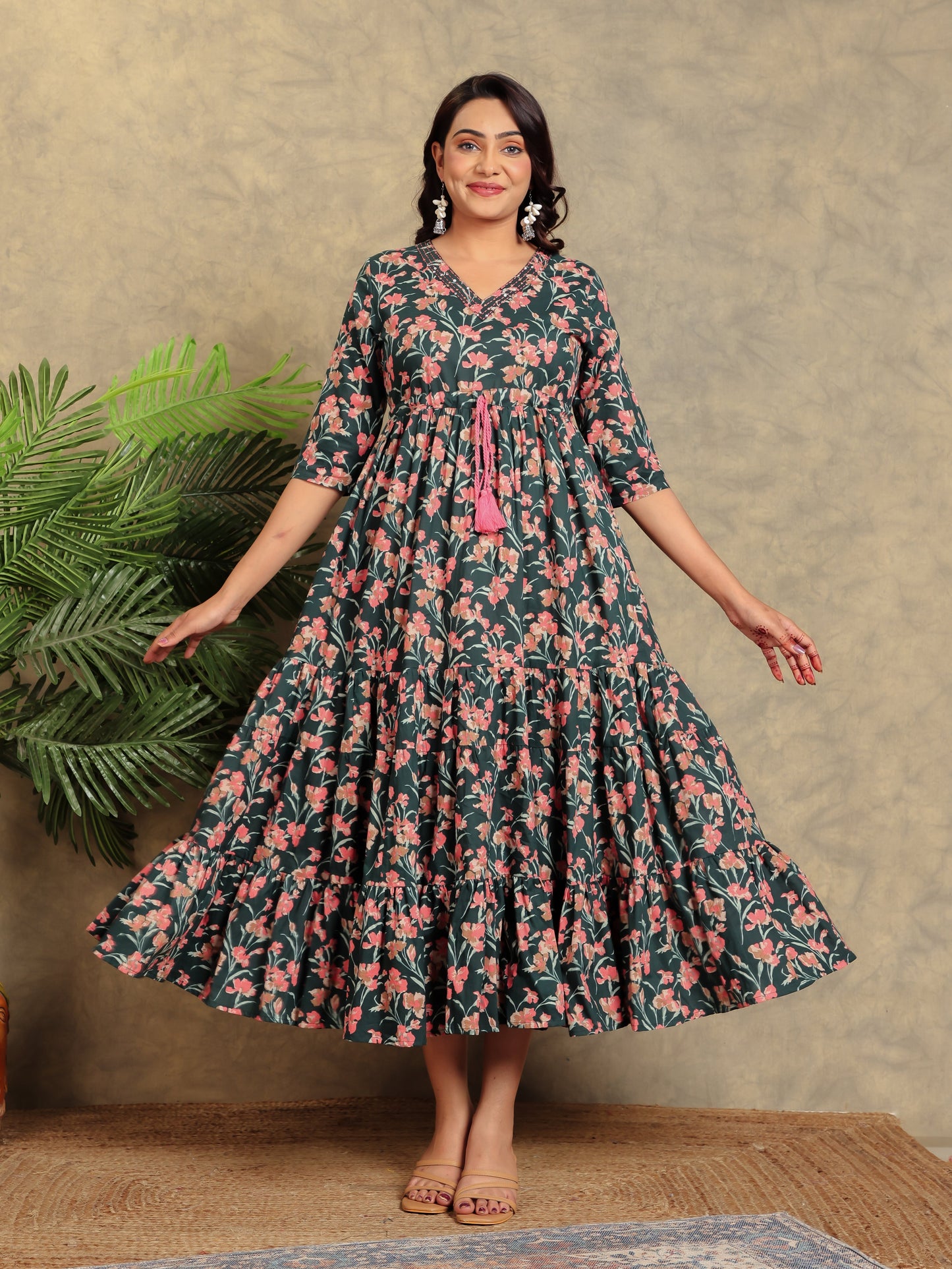 Soft Cotton Floral A-line Green Dress
