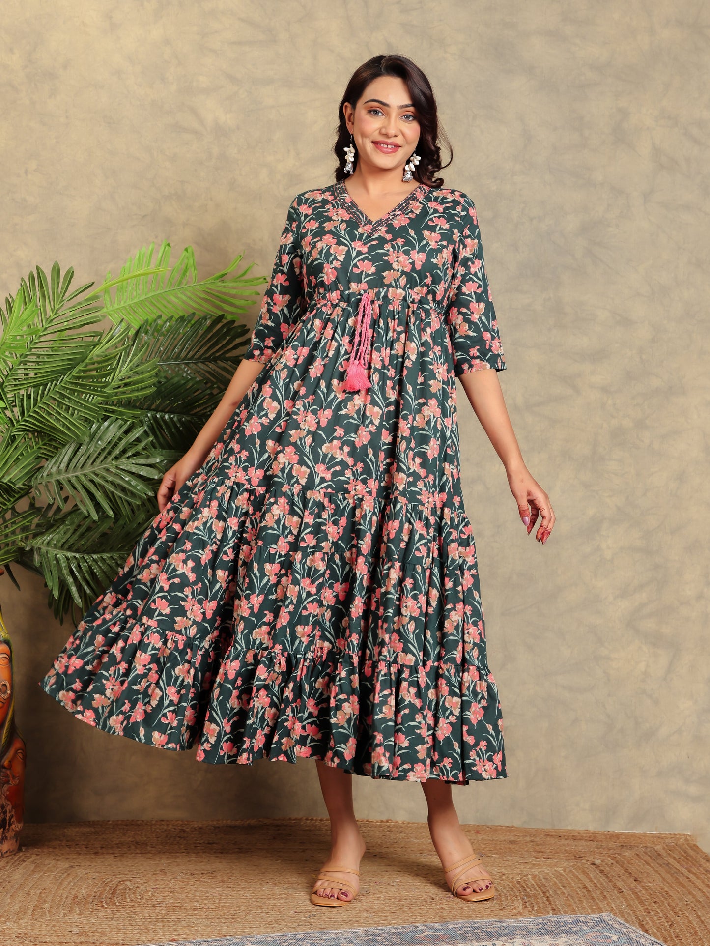 Soft Cotton Floral A-line Green Dress