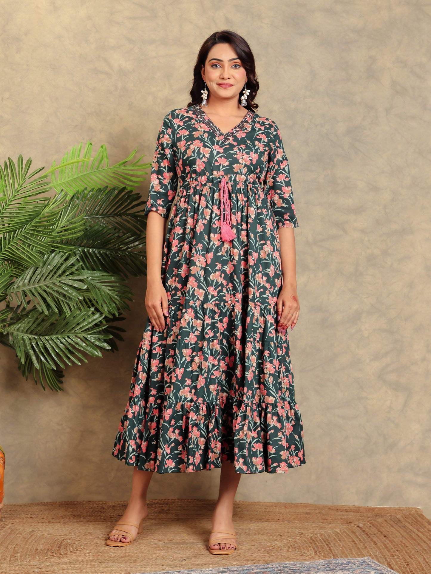Soft Cotton Floral A-line Green Dress