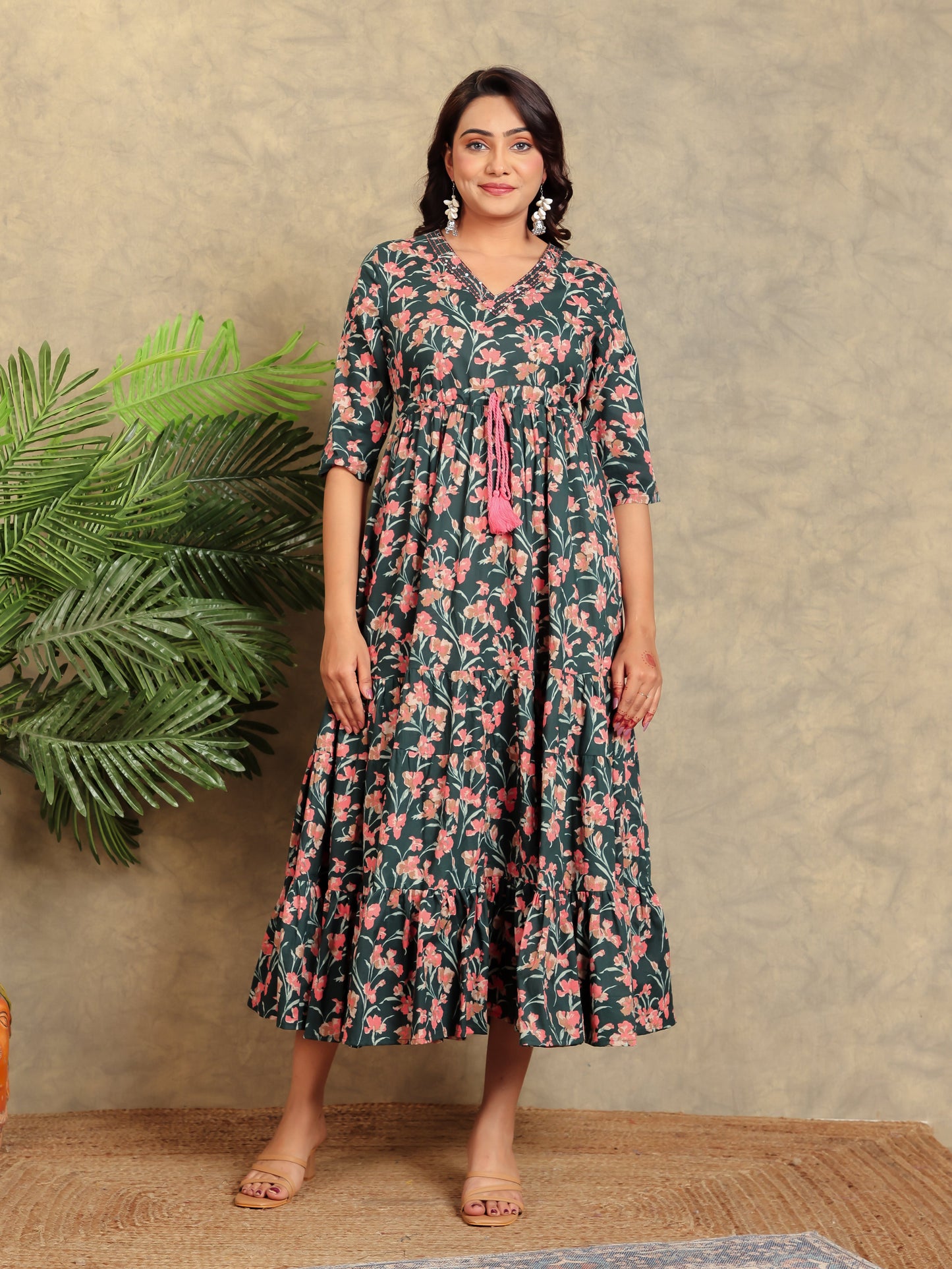 Soft Cotton Floral A-line Green Dress