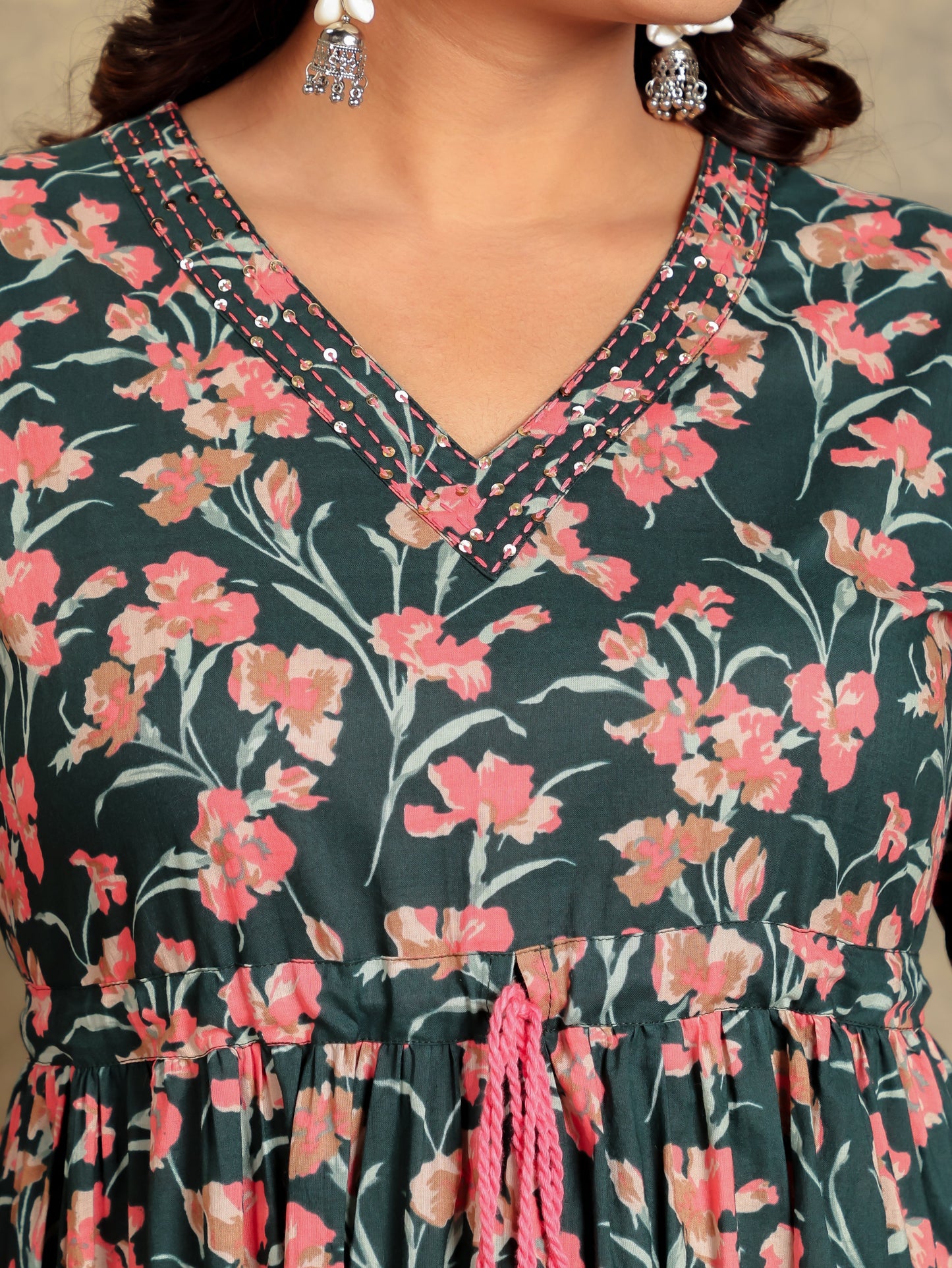 Soft Cotton Floral A-line Green Dress