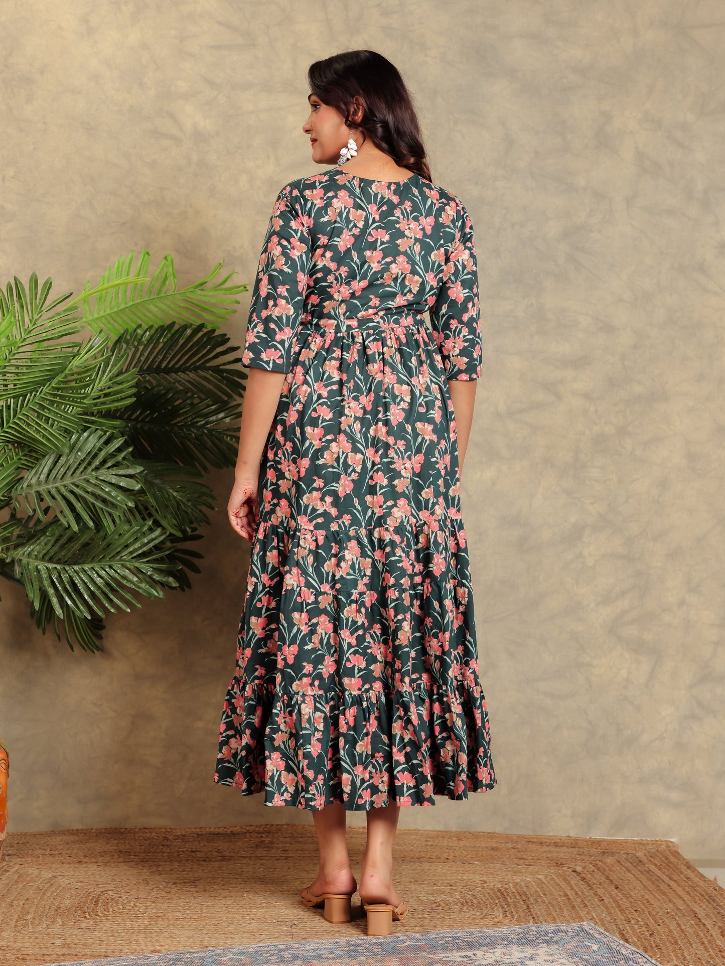 Soft Cotton Floral A-line Green Dress