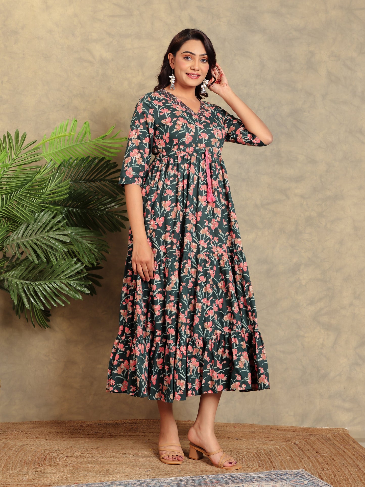 Soft Cotton Floral A-line Green Dress