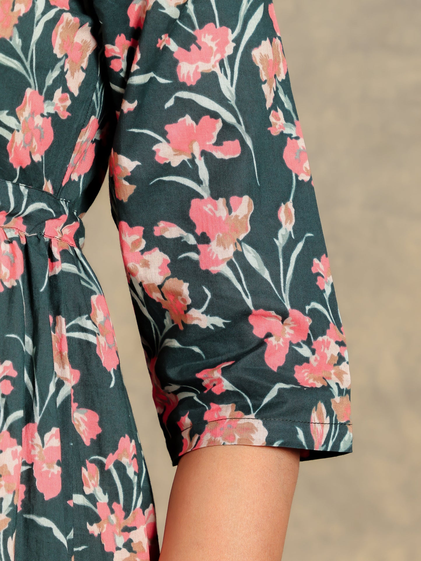 Soft Cotton Floral A-line Green Dress