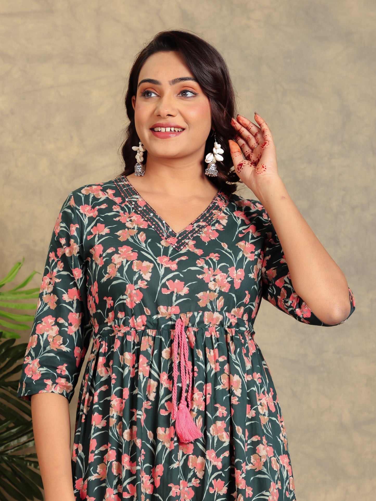 Soft Cotton Floral A-line Green Dress