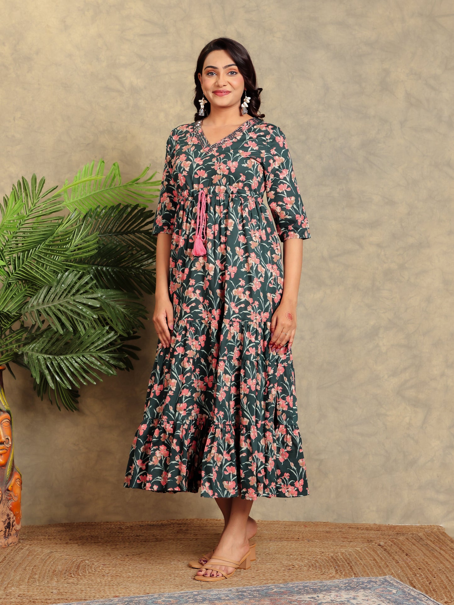 Soft Cotton Floral A-line Green Dress