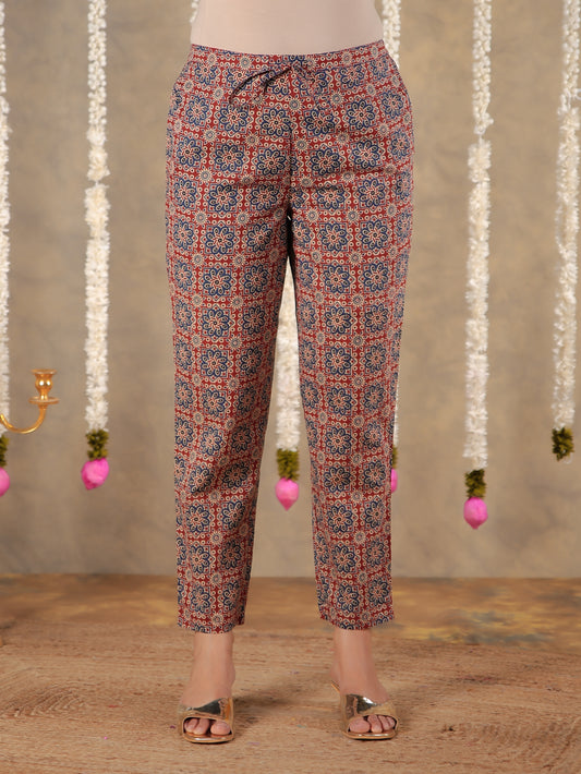 Soft Cotton Ajrakh Red Tapered Trousers