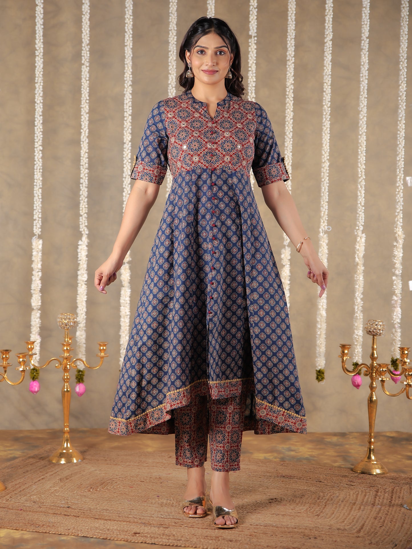 Embroidered Soft Cotton Ajrakh High Low Blue Kurta