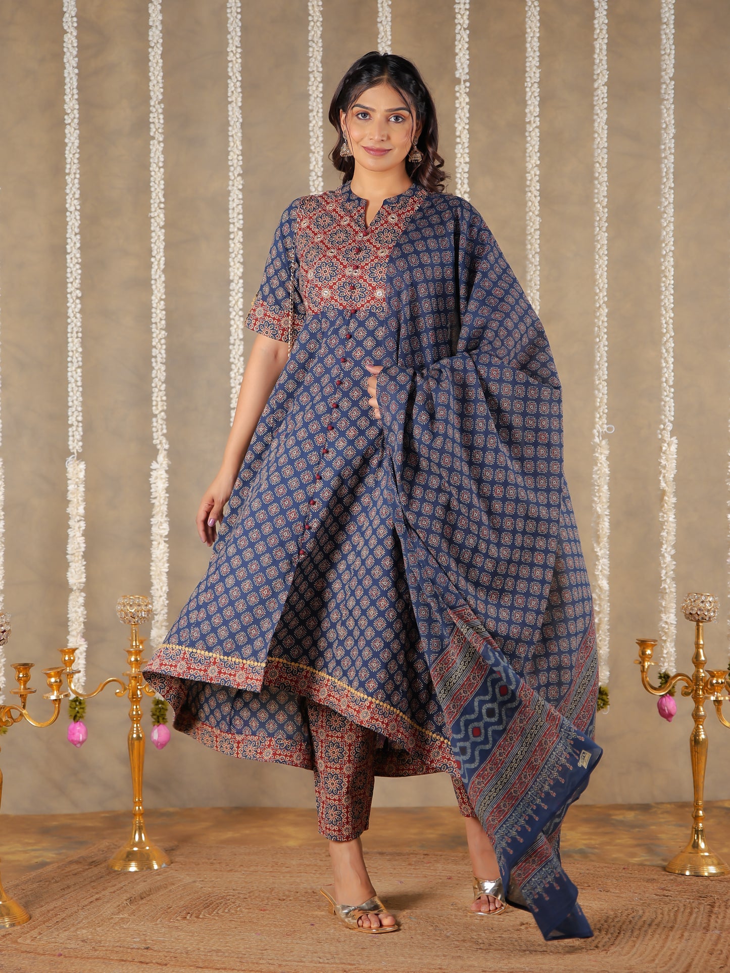 Embroidered Soft Cotton Ajrakh High Low Blue Kurta