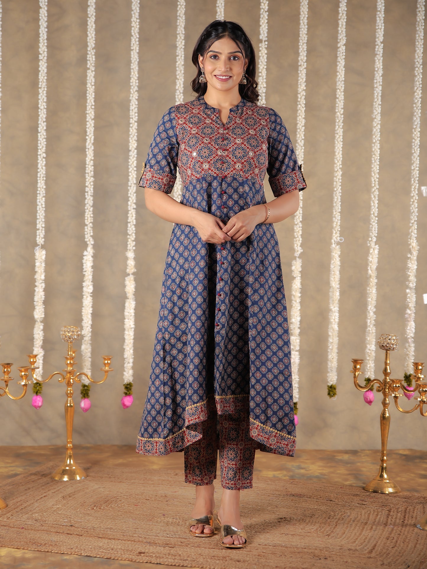 Embroidered Soft Cotton Ajrakh High Low Blue Kurta