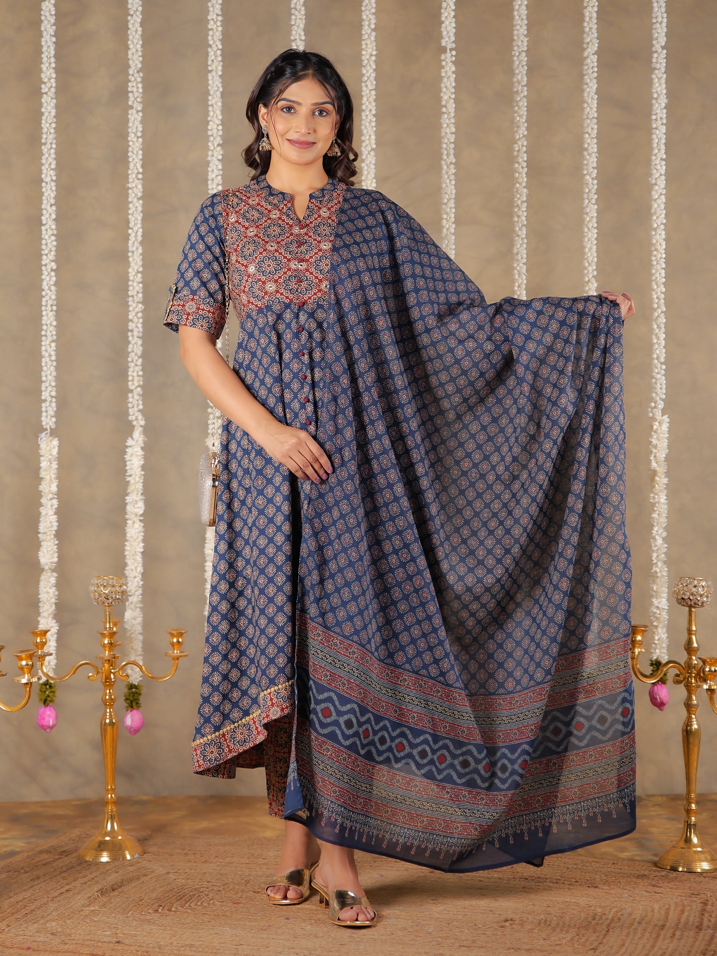 Embroidered Soft Cotton Ajrakh High Low Blue Kurta