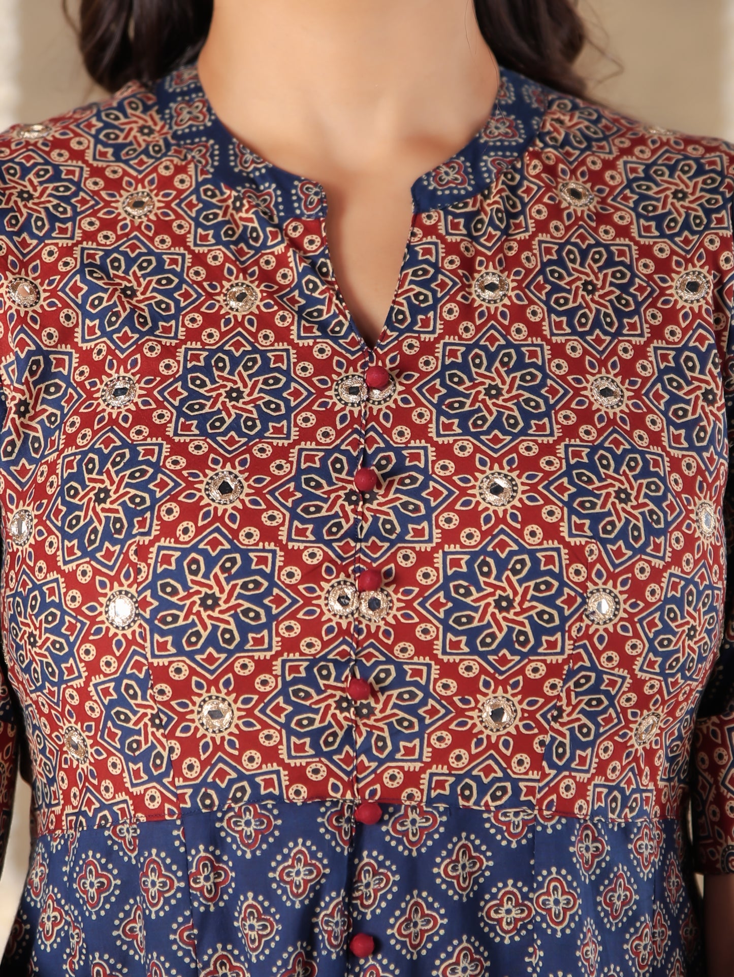 Embroidered Soft Cotton Ajrakh High Low Blue Kurta