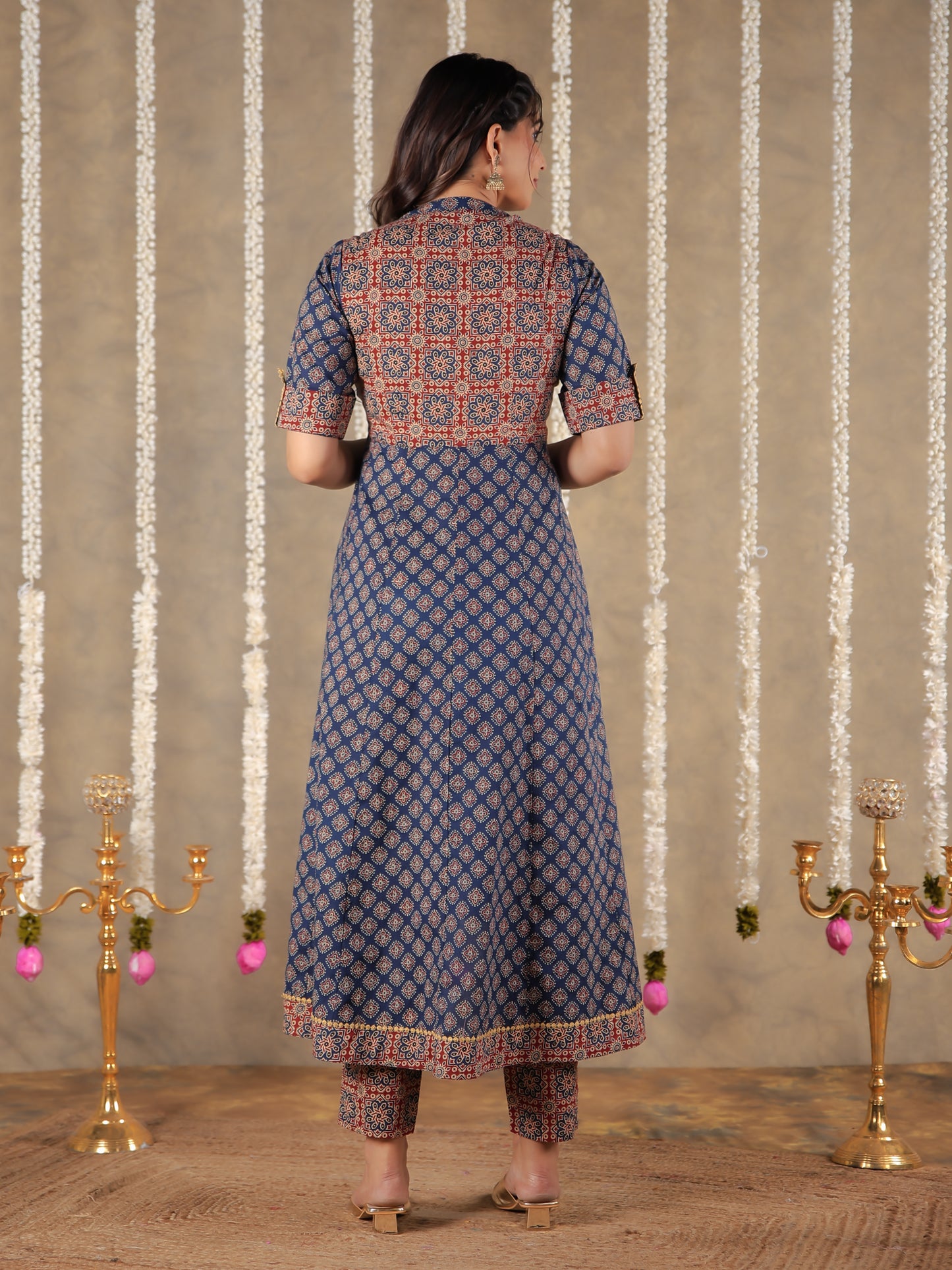 Embroidered Soft Cotton Ajrakh High Low Blue Kurta