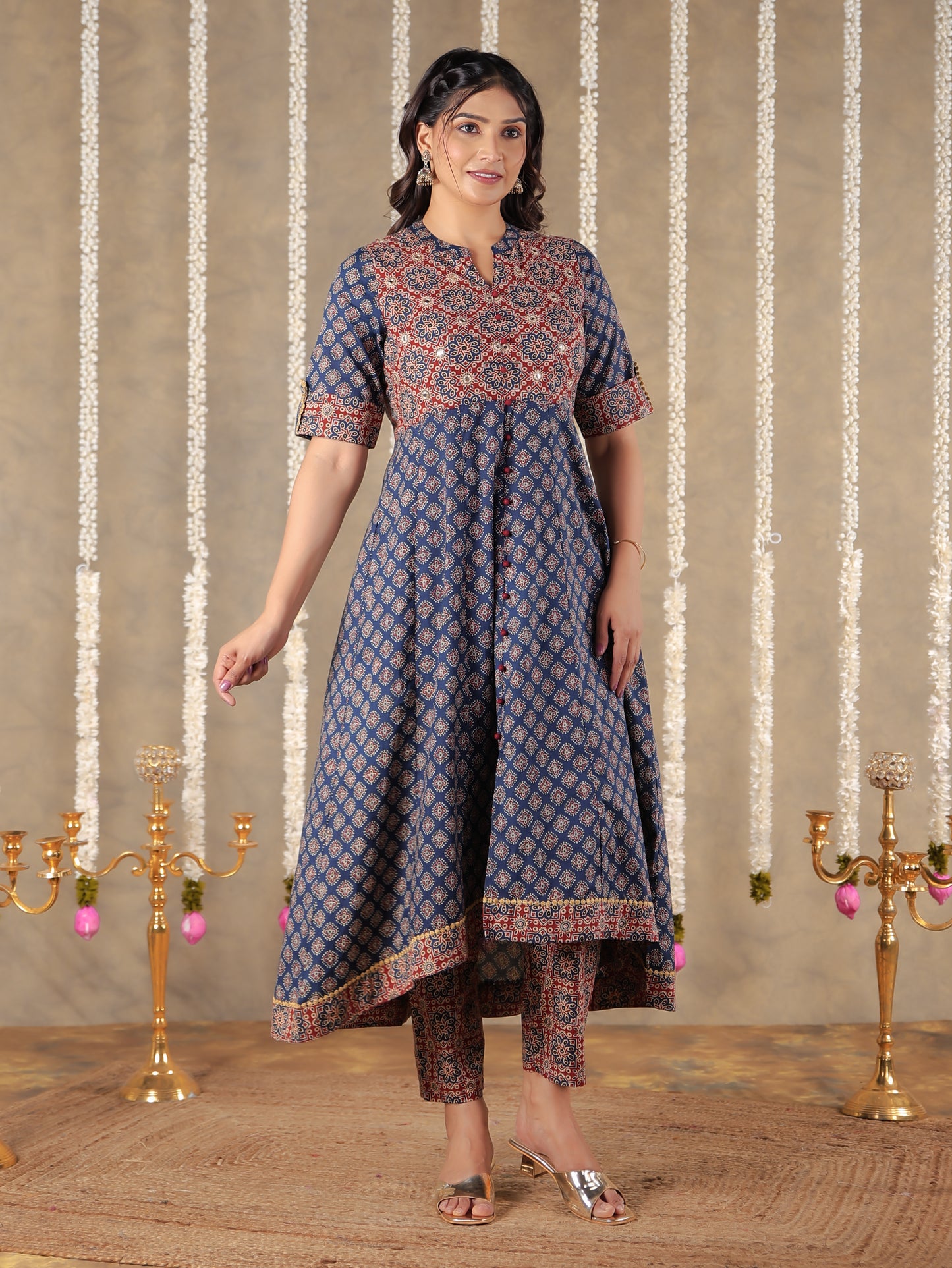 Embroidered Soft Cotton Ajrakh High Low Blue Kurta