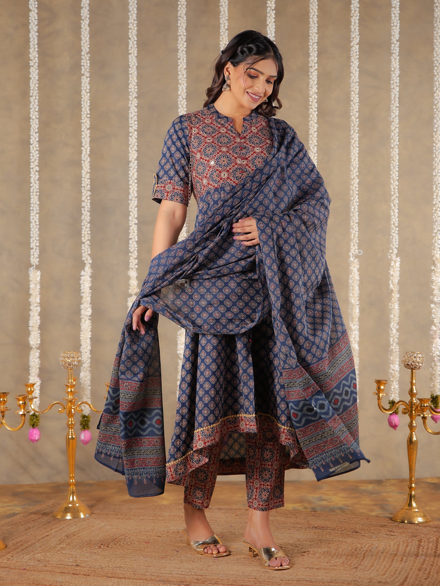 Embroidered Soft Cotton Ajrakh High Low Blue Kurta