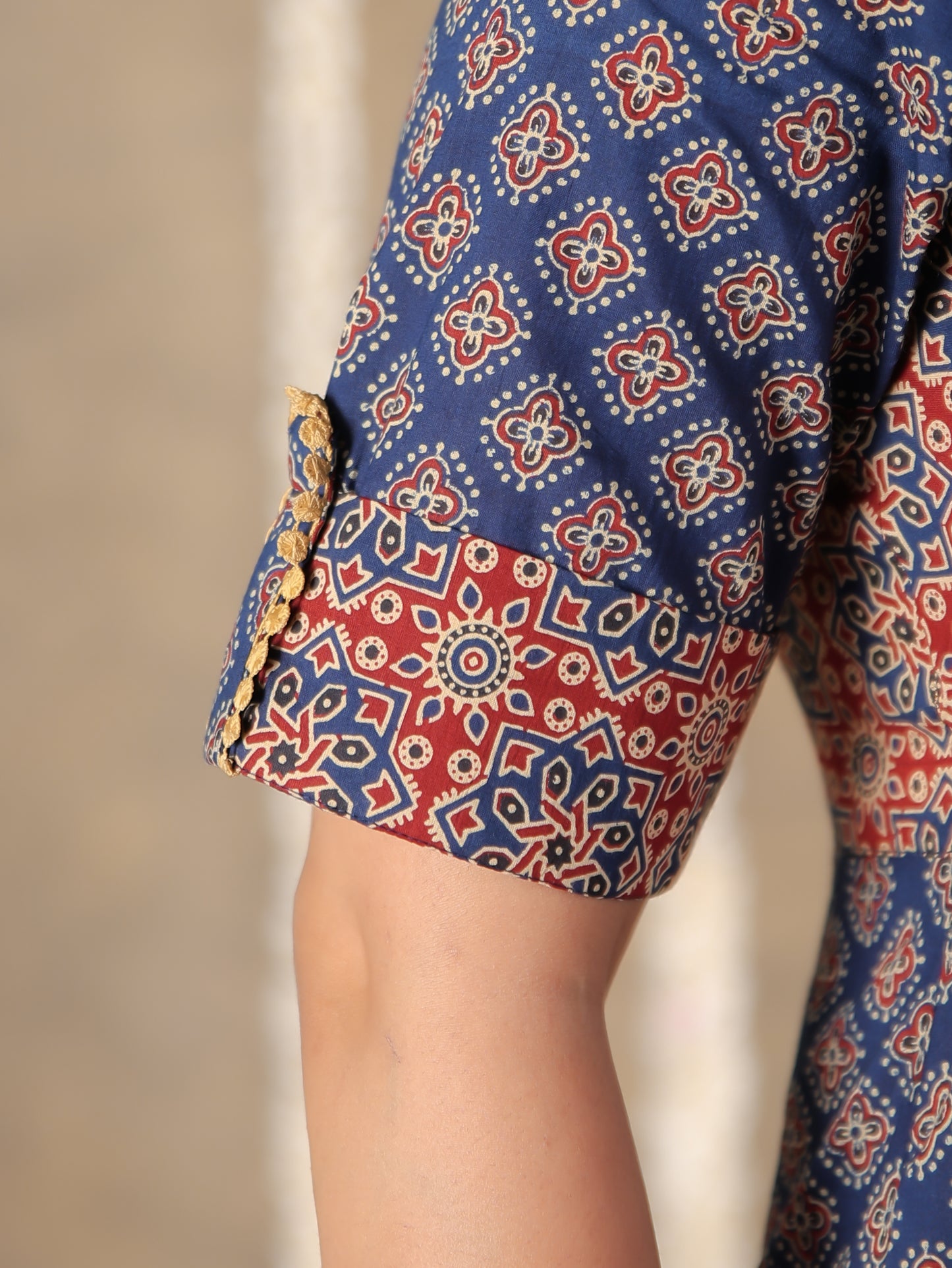 Embroidered Soft Cotton Ajrakh High Low Blue Kurta