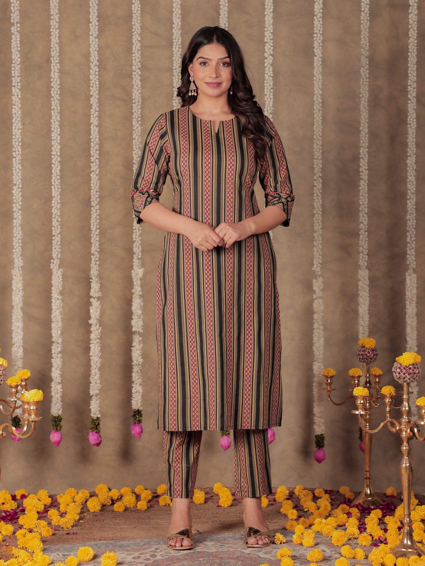 Soft Cotton Striped Straight Black Kurta