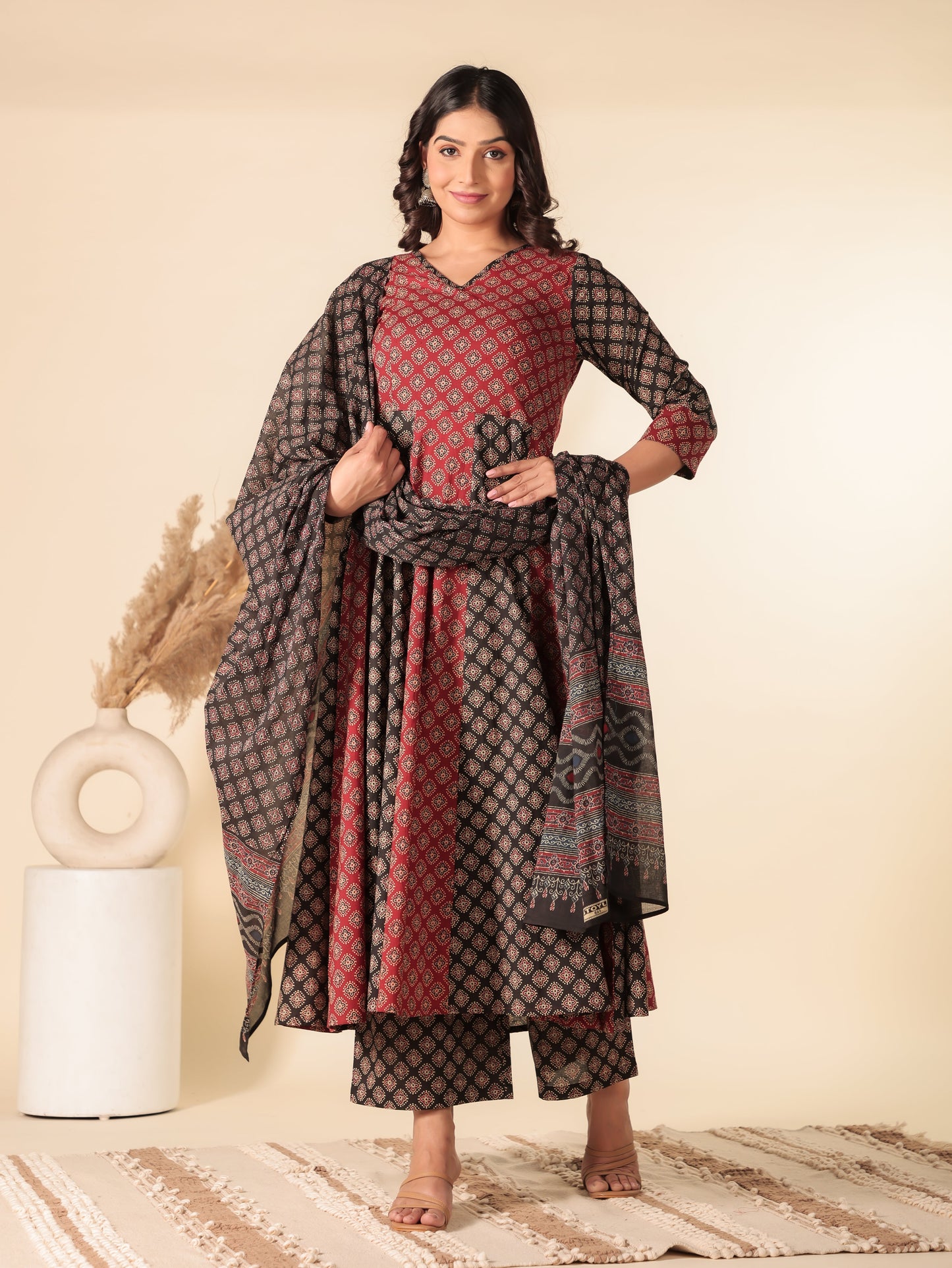 Soft Cotton Ajrakh Red Kurta