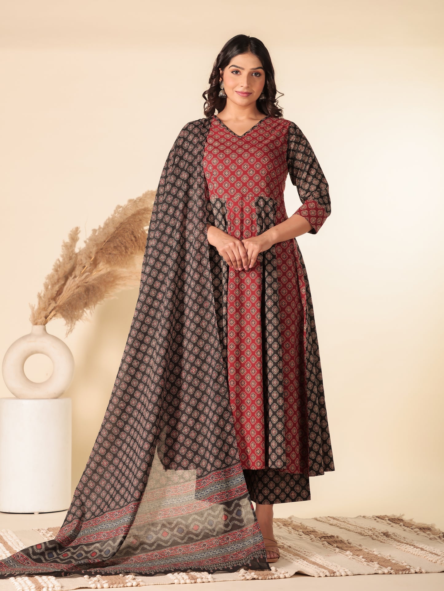 Soft Cotton Ajrakh Red Kurta