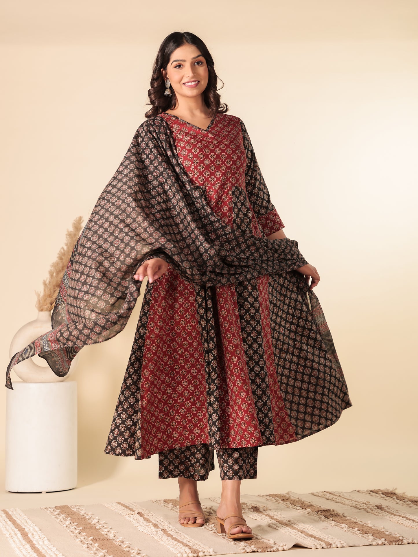 Soft Cotton Ajrakh Red Kurta