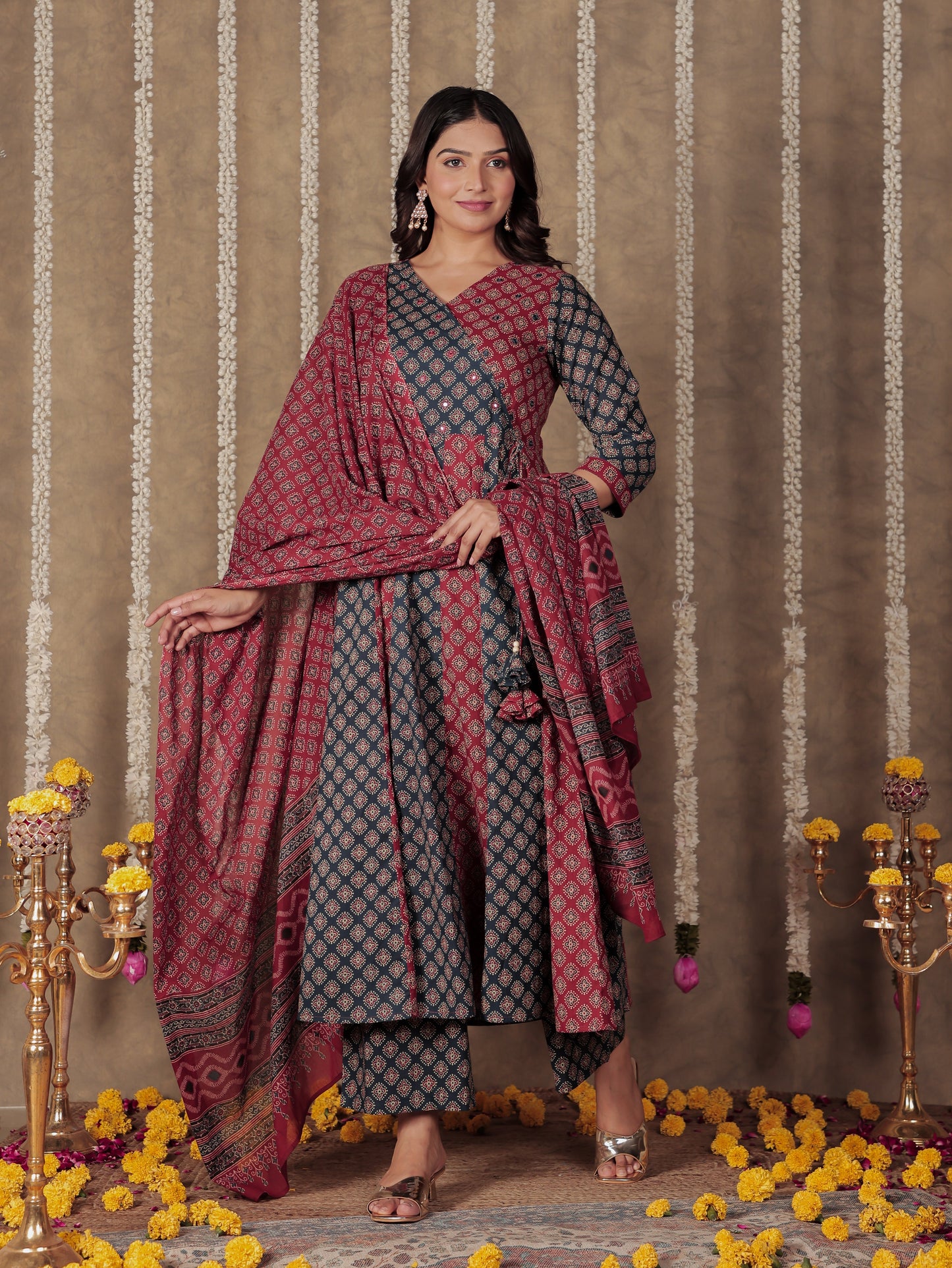 Embroidered Soft Cotton Butti Angrakha Multicolor Kurta