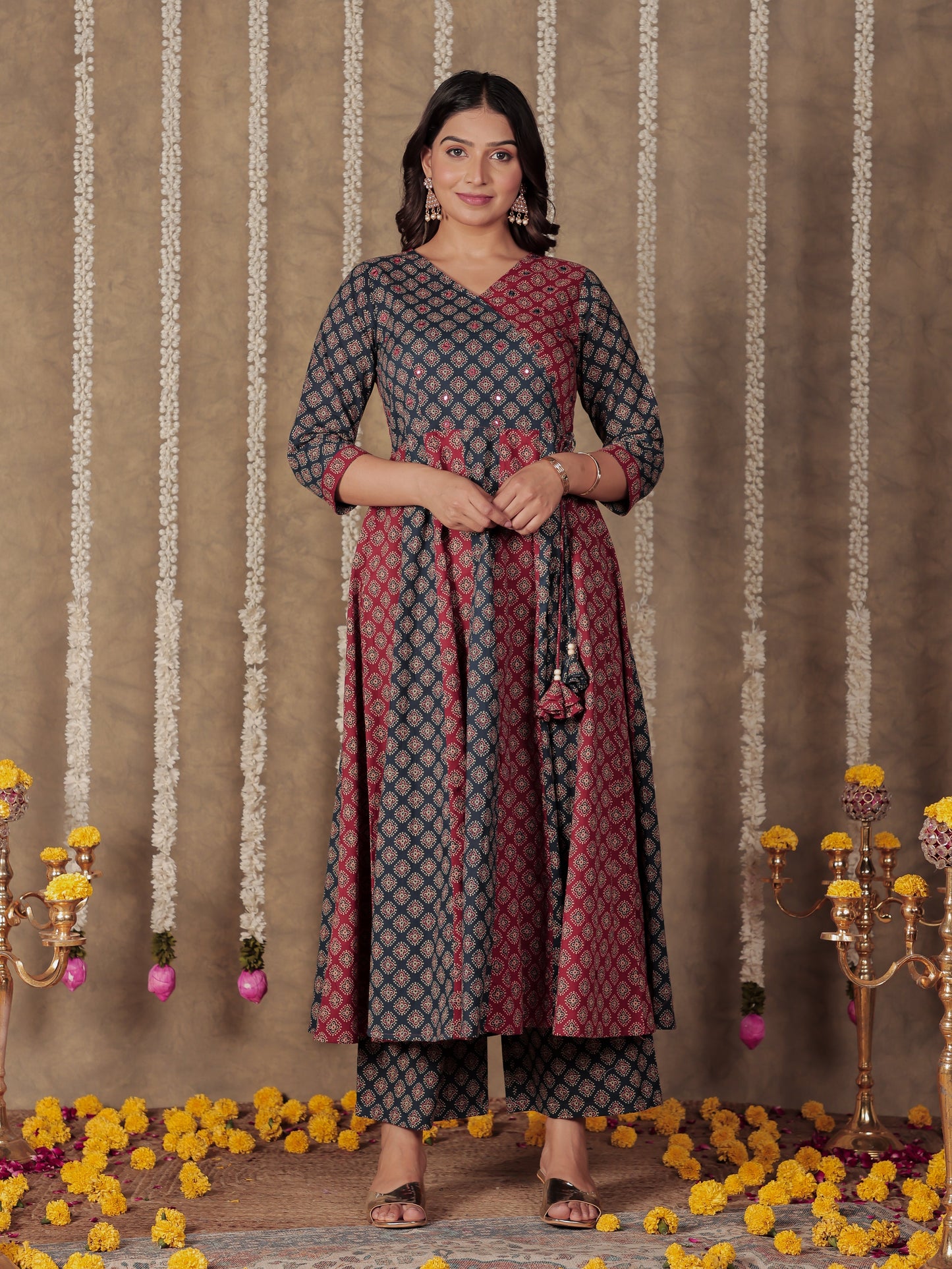 Embroidered Soft Cotton Butti Angrakha Multicolor Kurta