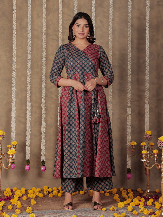 Embroidered Soft Cotton Butti Angrakha Multicolor Kurta