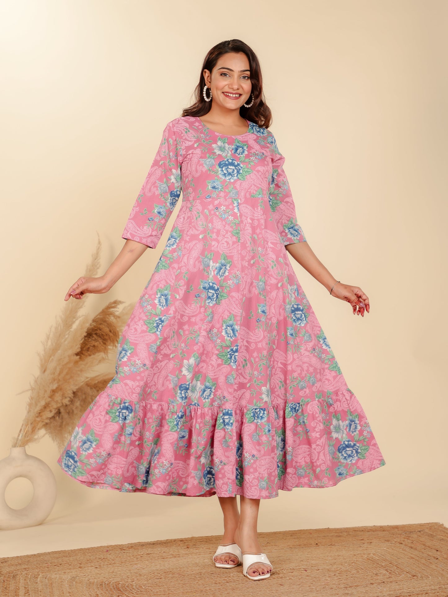 Soft Cotton Floral Anarkali Pink Dress