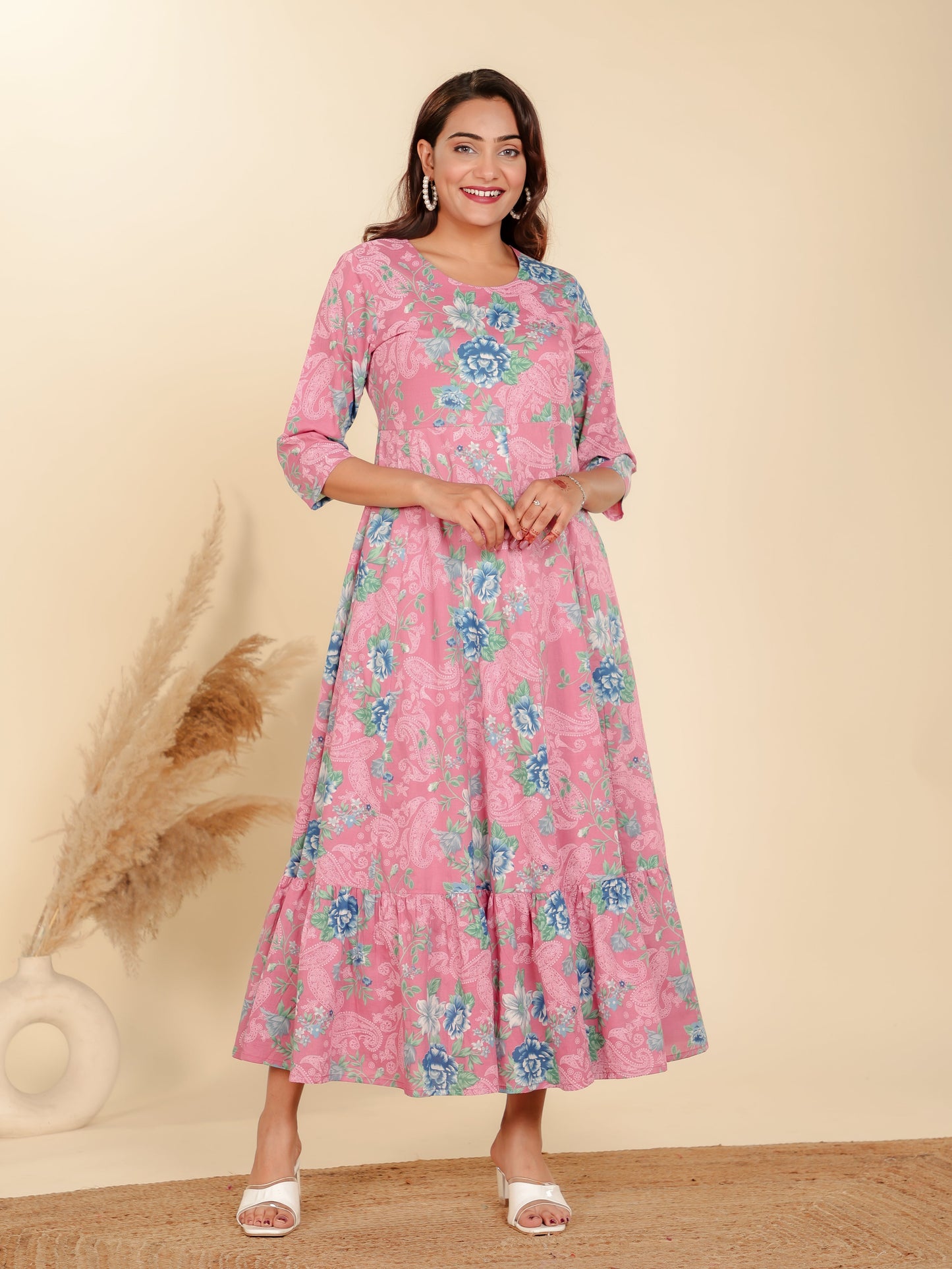 Soft Cotton Floral Anarkali Pink Dress