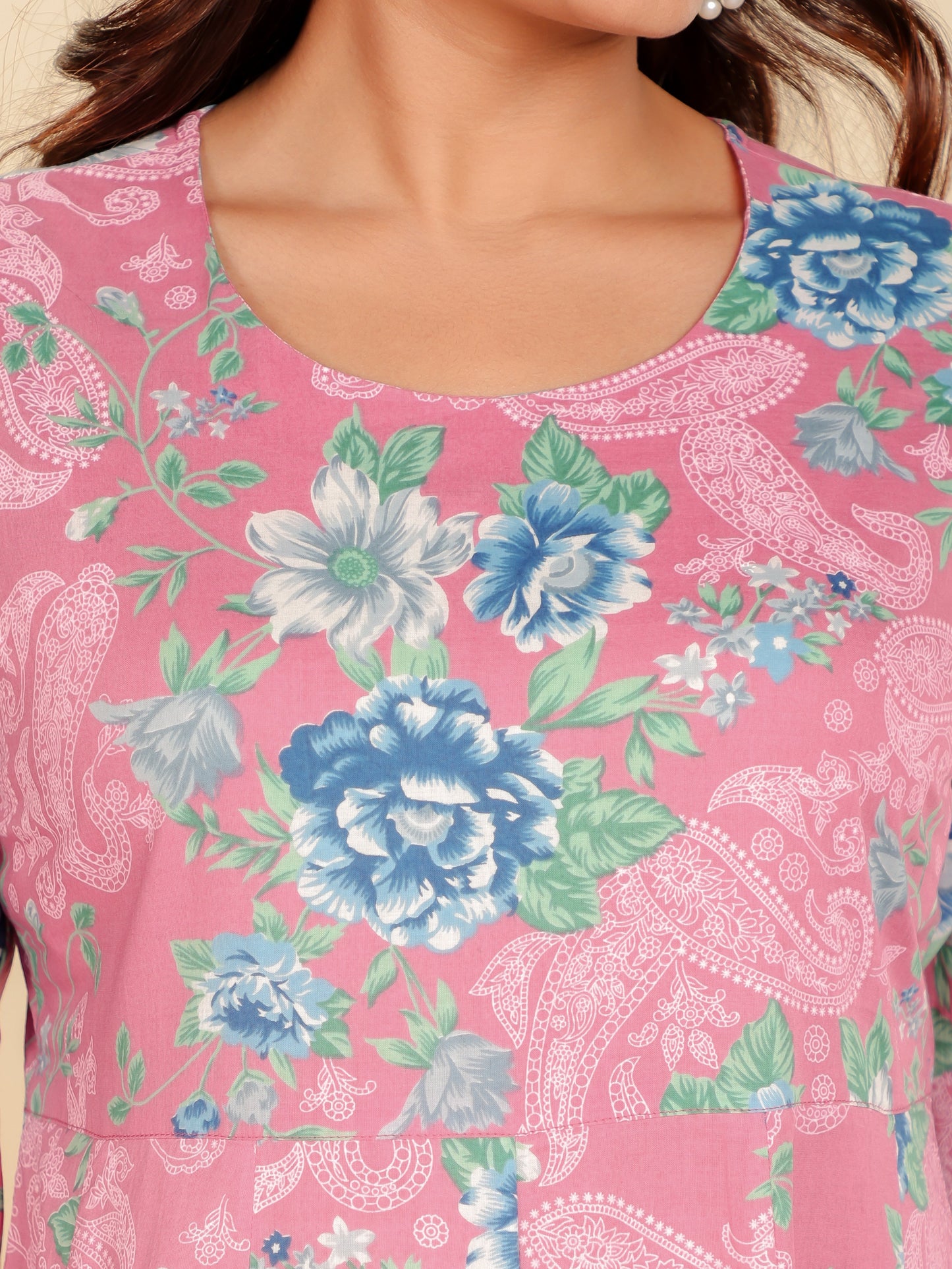 Soft Cotton Floral Anarkali Pink Dress