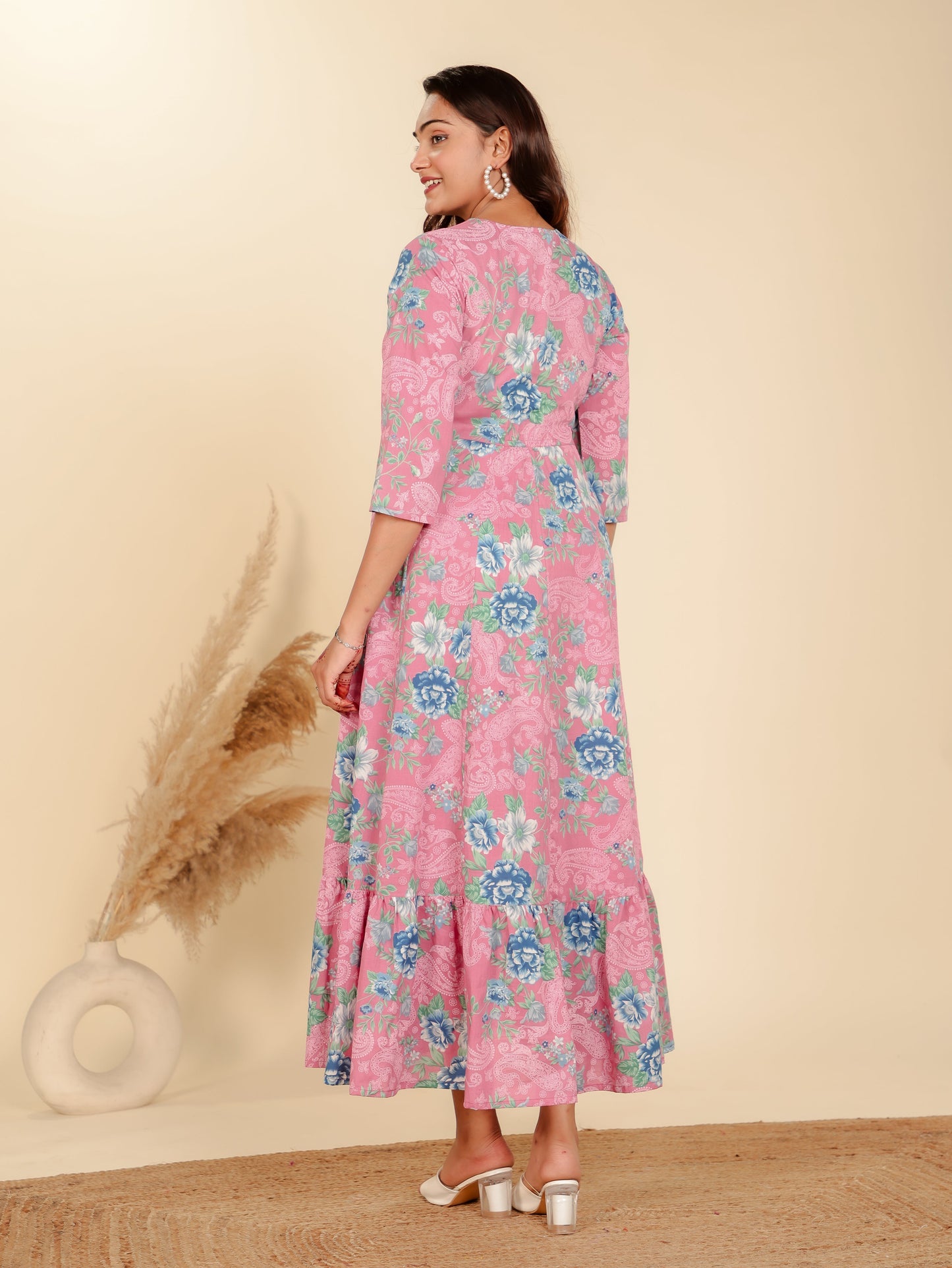 Soft Cotton Floral Anarkali Pink Dress