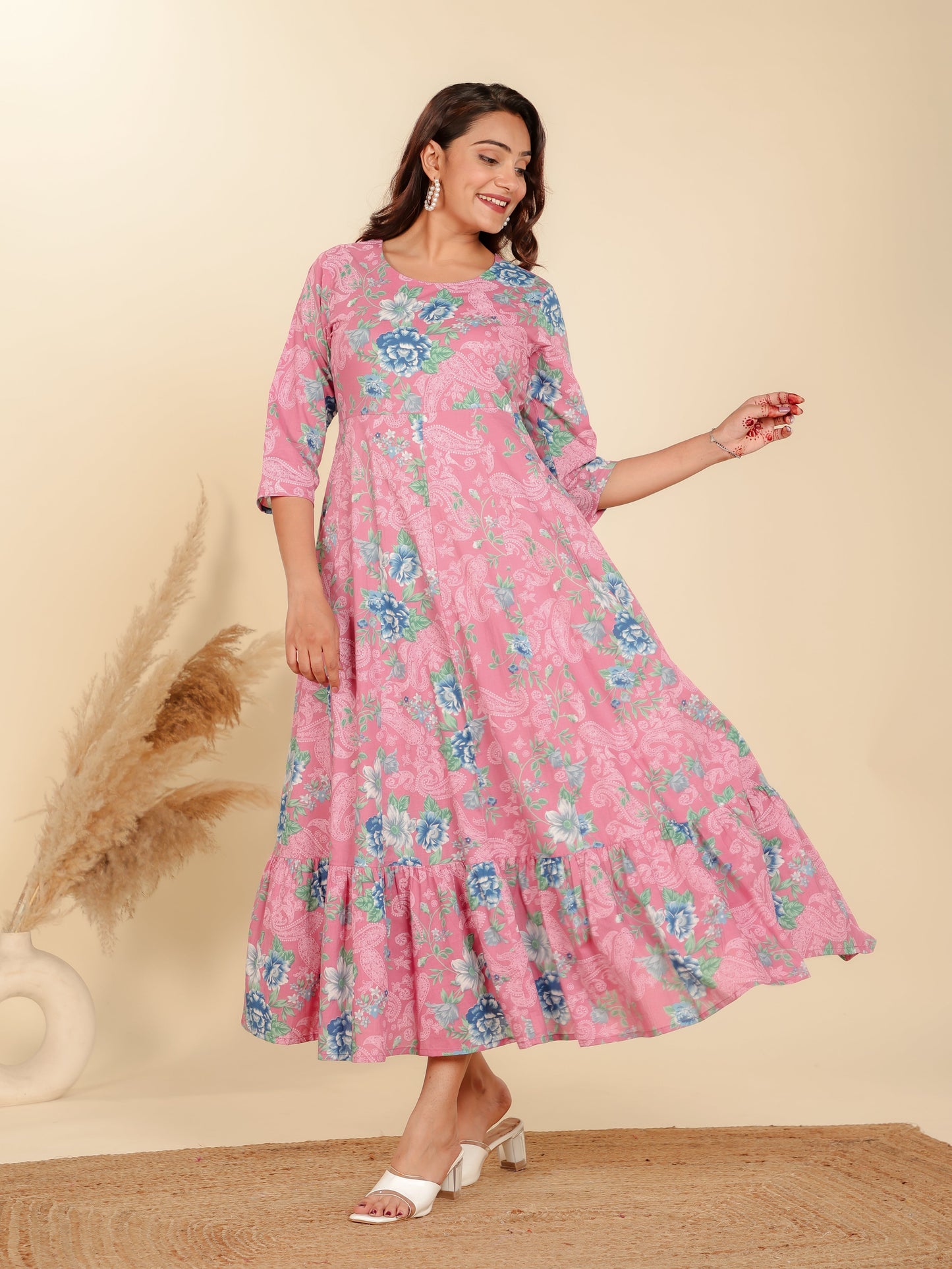 Soft Cotton Floral Anarkali Pink Dress