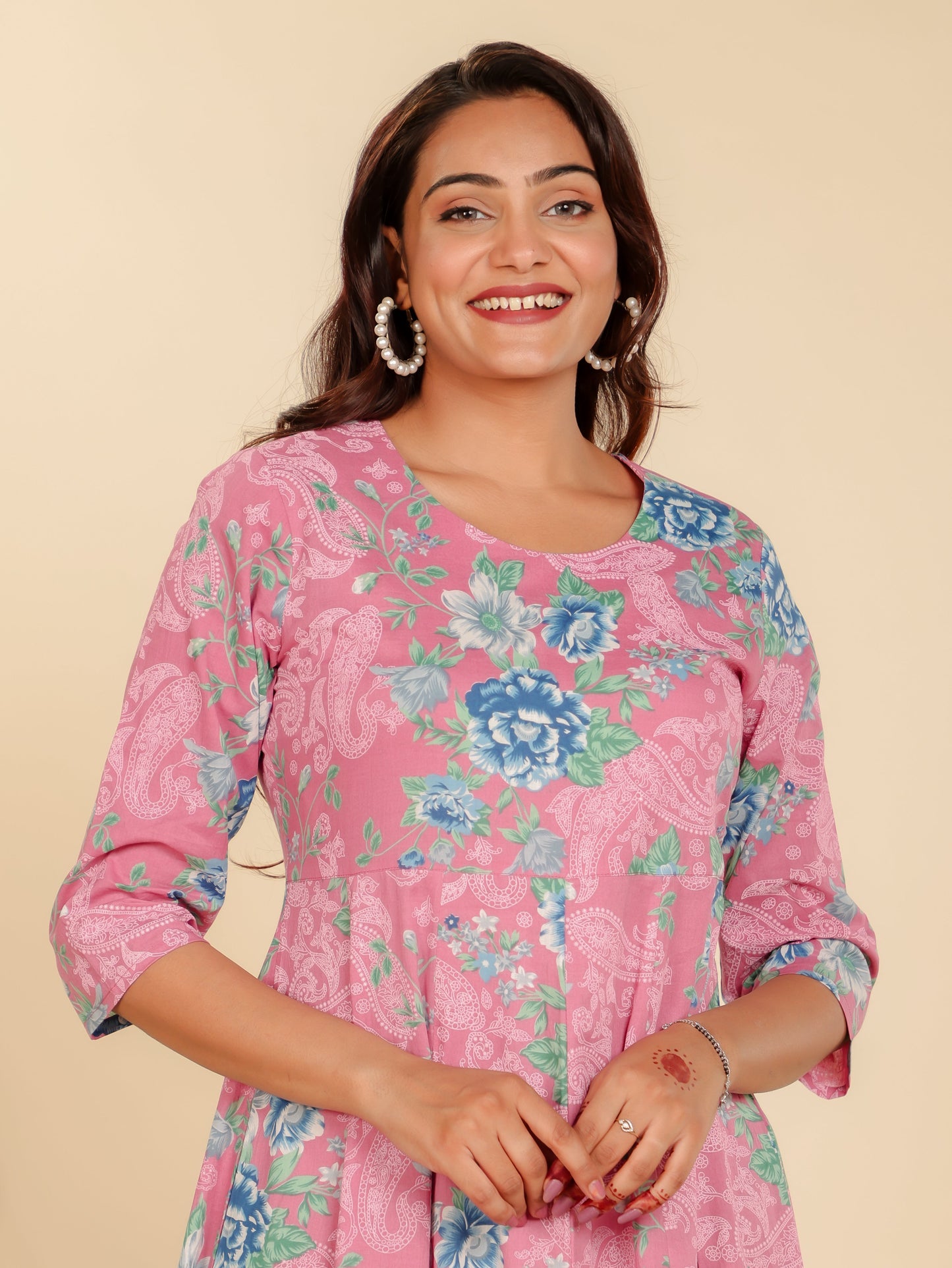 Soft Cotton Floral Anarkali Pink Dress