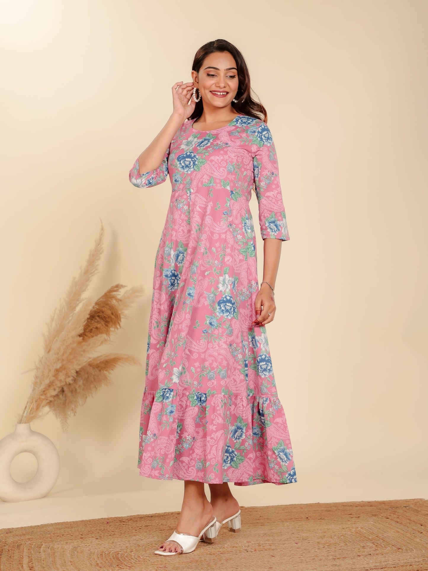 Soft Cotton Floral Anarkali Pink Dress