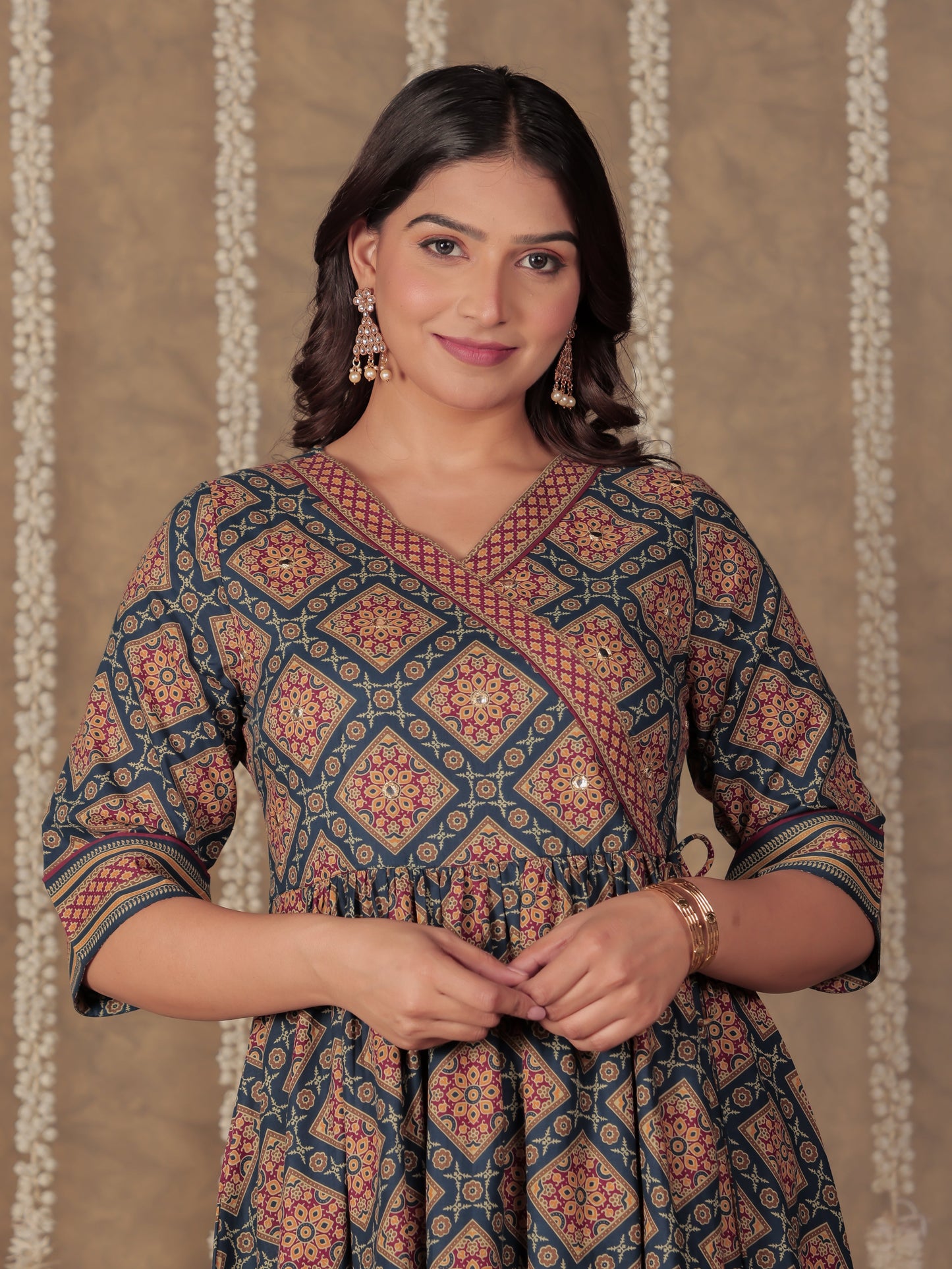 Soft Cotton Geometric Angrakha Blue Kurta