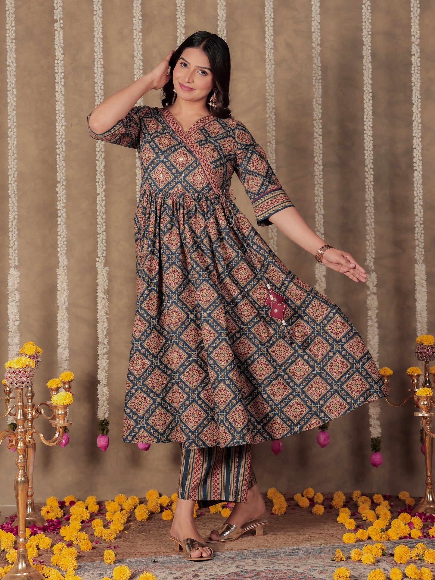 Soft Cotton Geometric Angrakha Blue Kurta